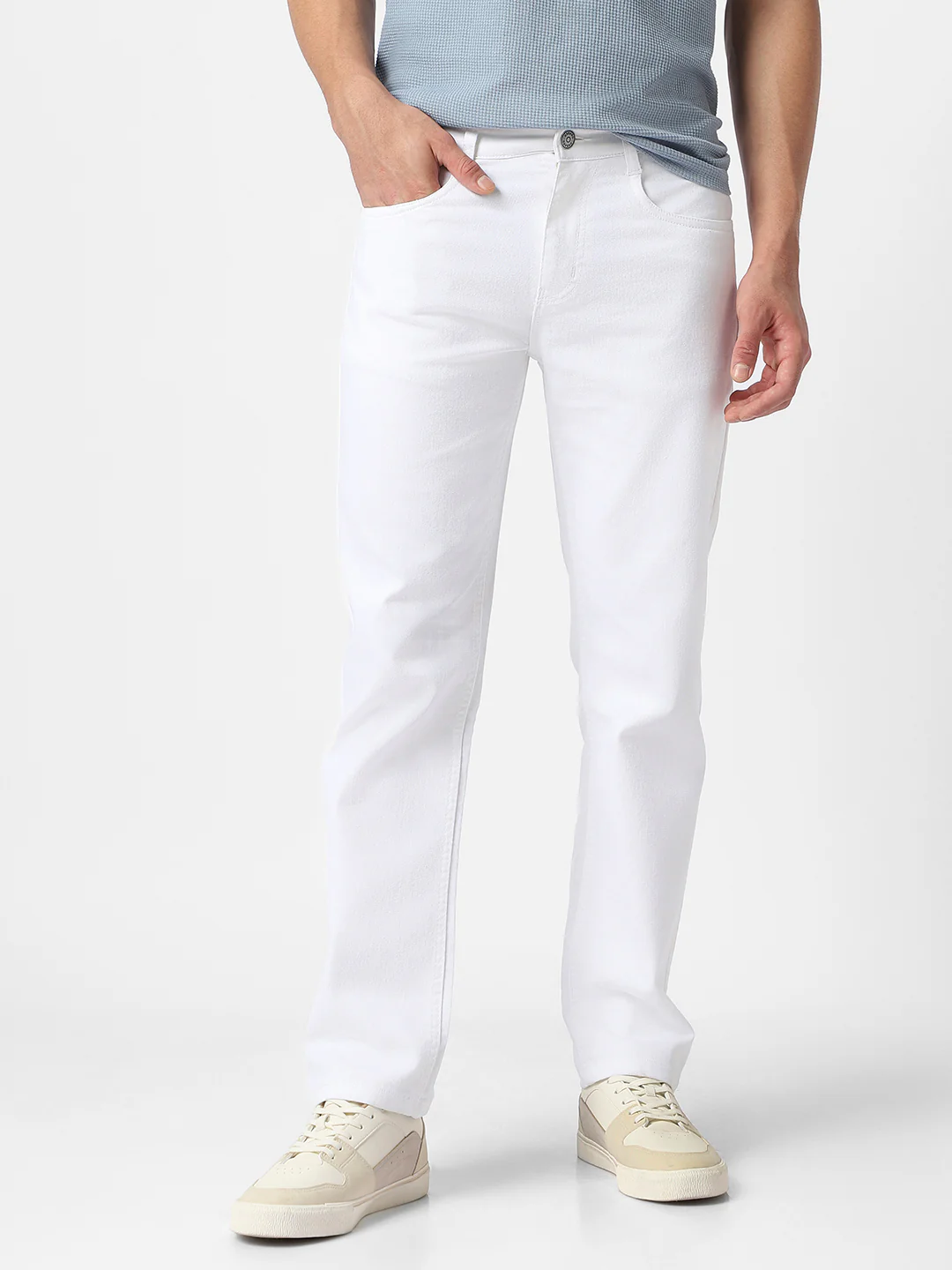 Men's White Regular Fit Washed Jeans Stretchable - Image 2