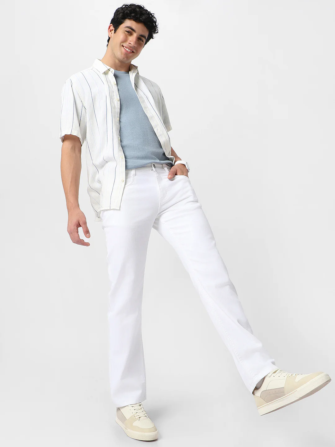 Men's White Regular Fit Washed Jeans Stretchable - Image 5