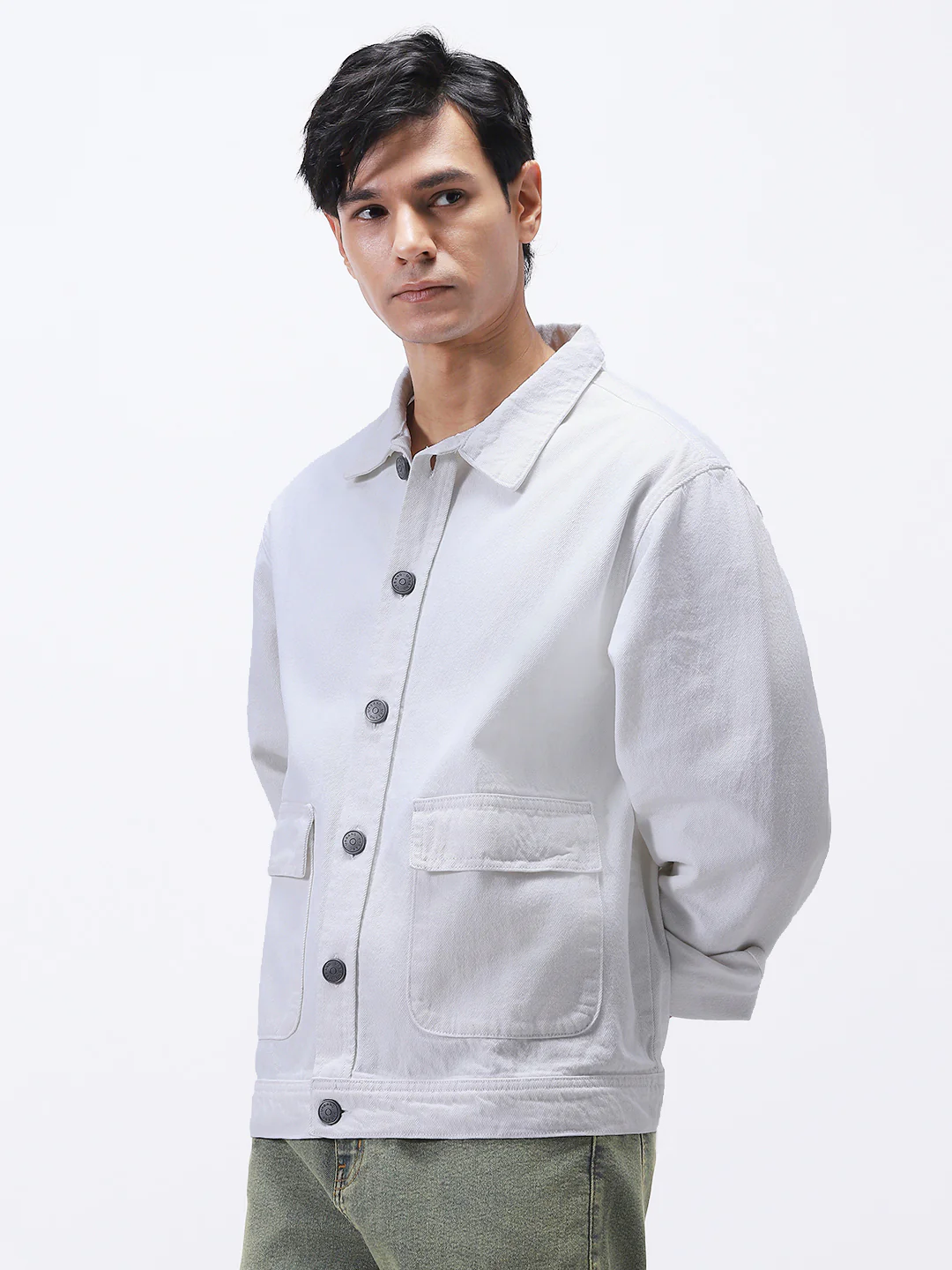Men's White Relaxed Fit Full Sleeve Utility Denim Jacket - Image 2