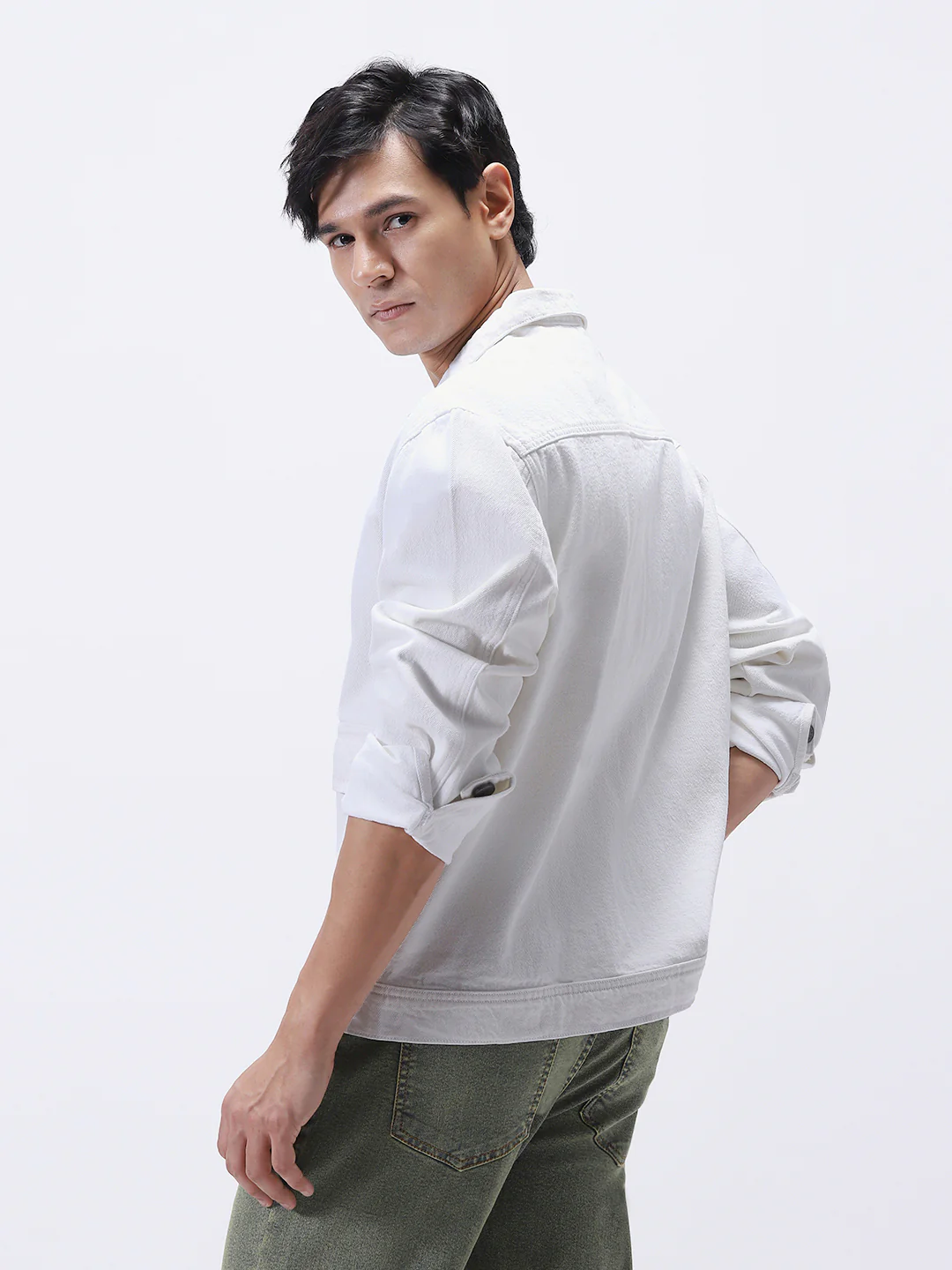Men's White Relaxed Fit Full Sleeve Utility Denim Jacket - Image 3
