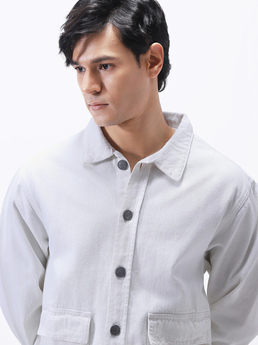 Men's White Relaxed Fit Full Sleeve Utility Denim Jacket - Image 5