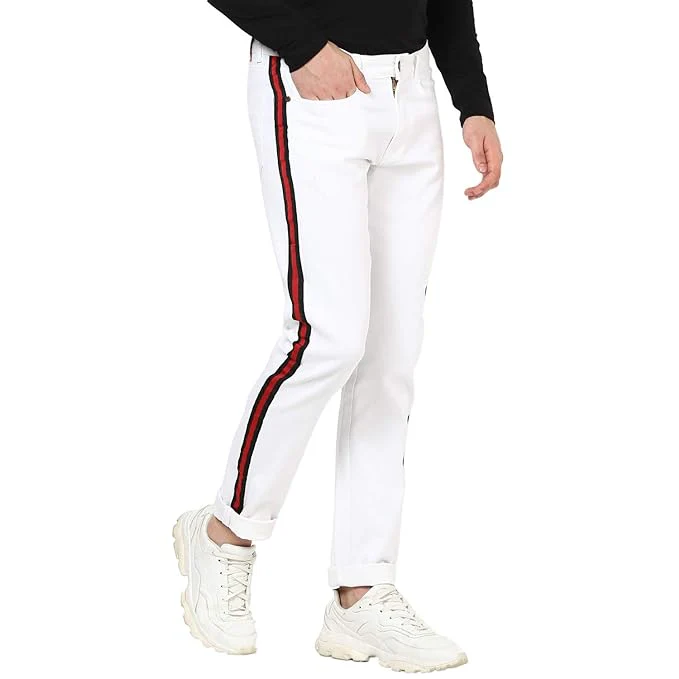 Men's White Side Striped Slim Fit Jeans Stretch - Image 2