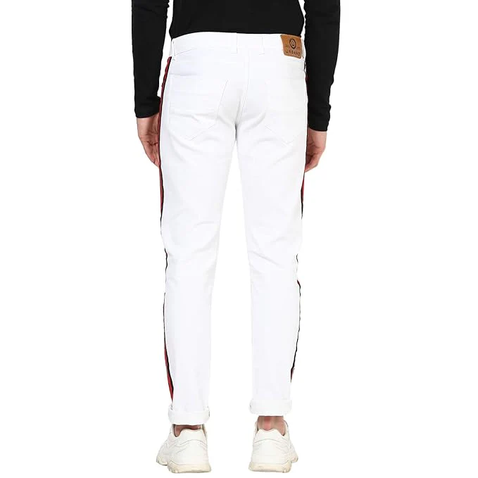 Men's White Side Striped Slim Fit Jeans Stretch - Image 3