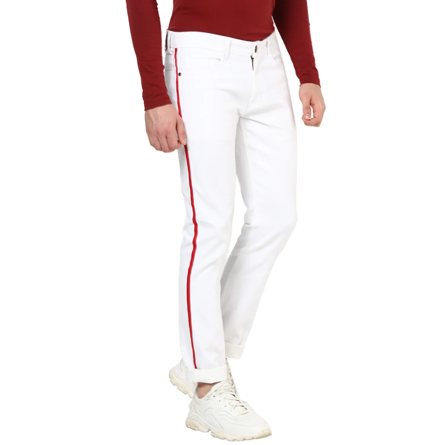 Men's White Side Striped Slim Fit Jeans Stretch - Image 2