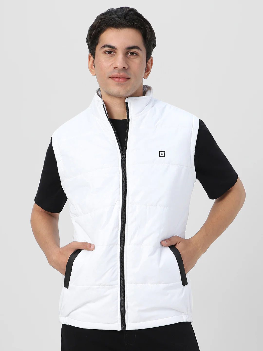 Men's White Sleeveless Zippered Puffer Jacket - Image 2