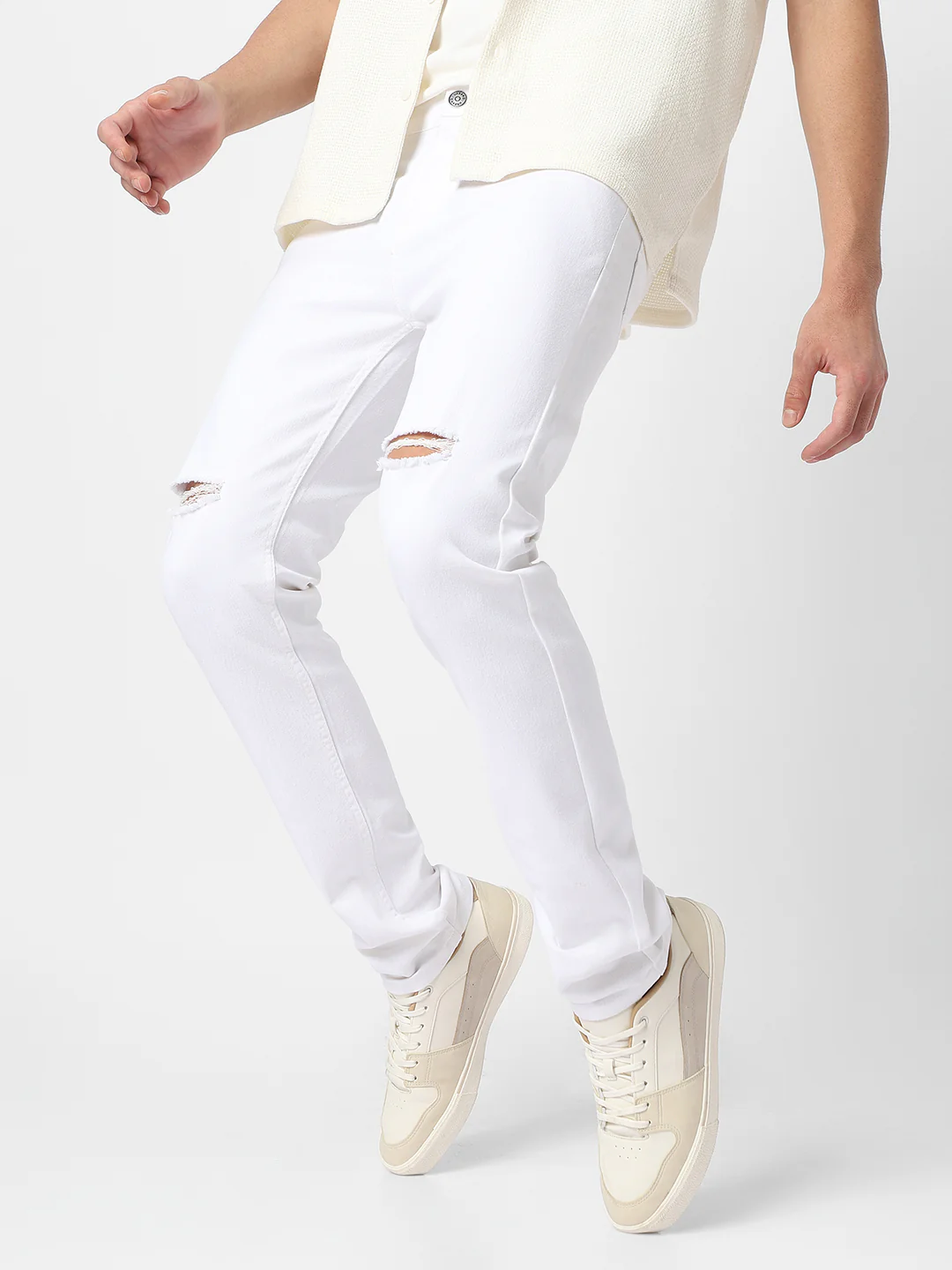 Men's White Slim Fit Knee Slit Distressed Jeans Stretch - Image 2