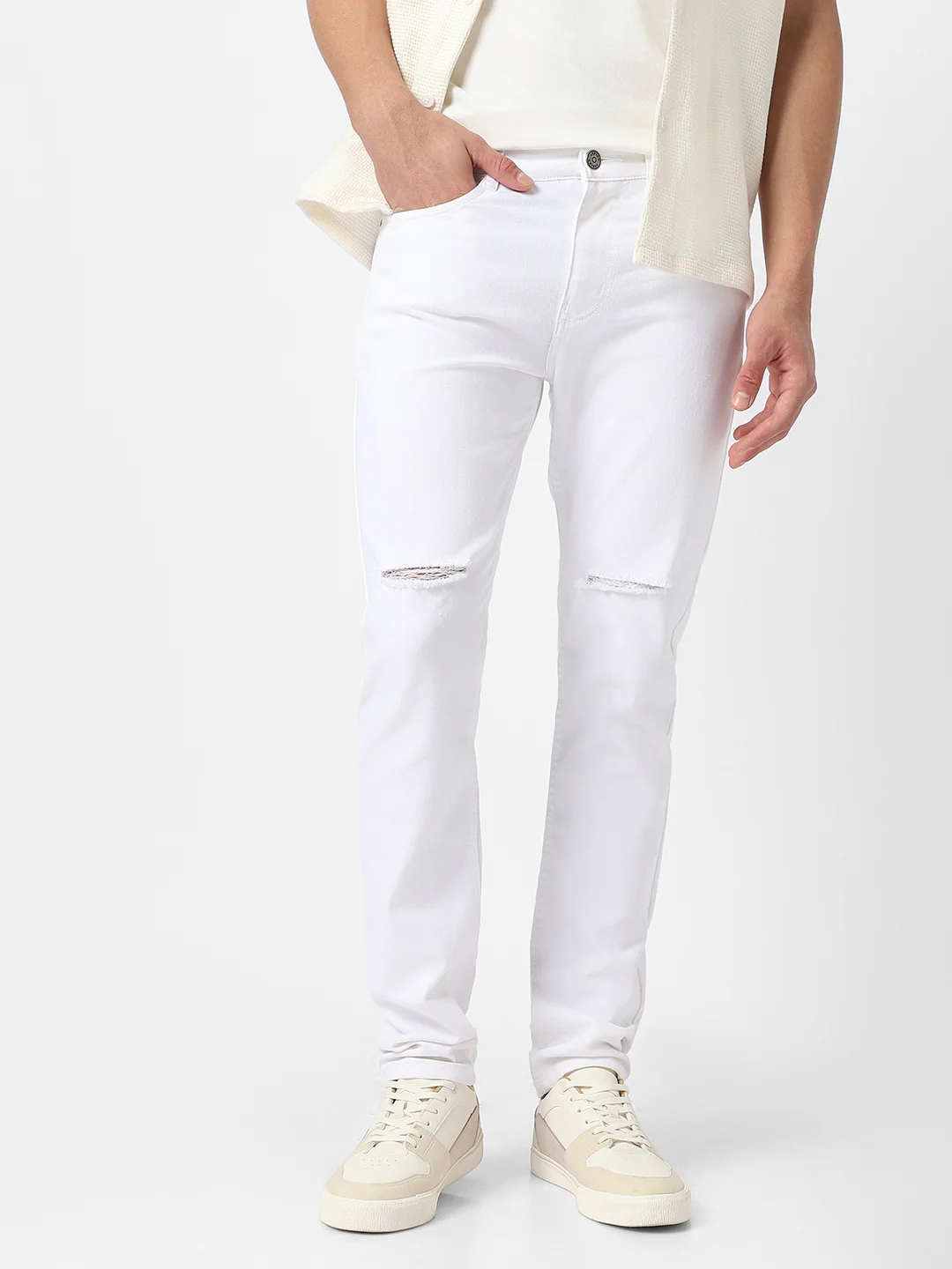 Men's White Slim Fit Knee Slit Distressed Jeans Stretch - Image 3