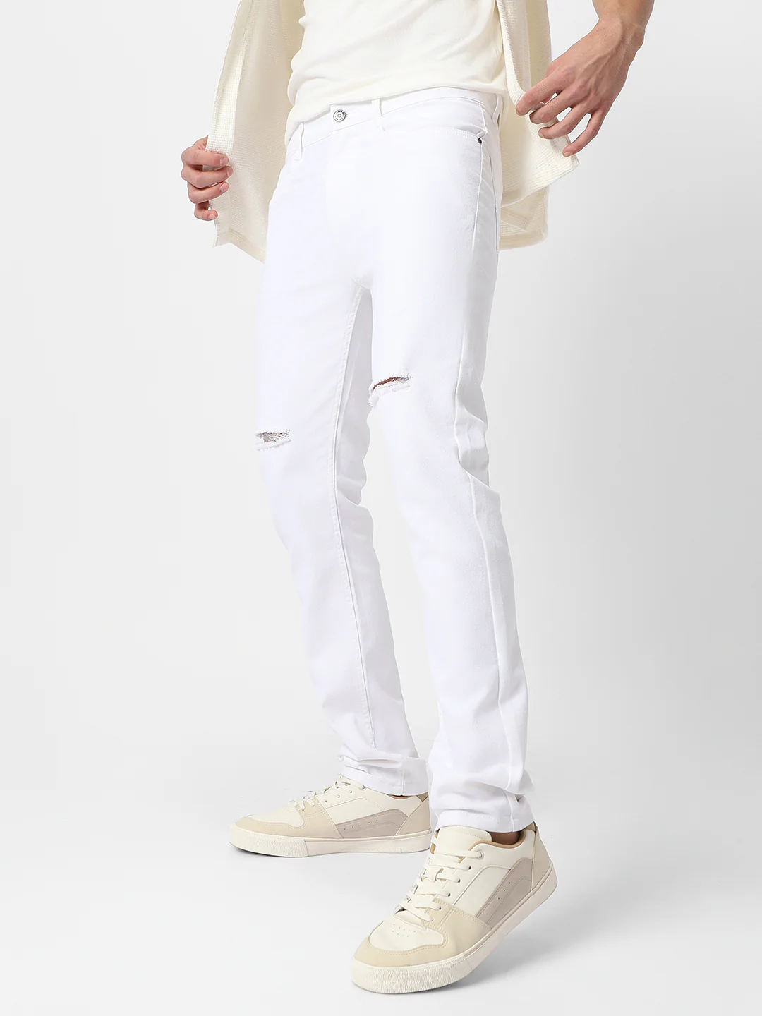 Men's White Slim Fit Knee Slit Distressed Jeans Stretch - Image 4
