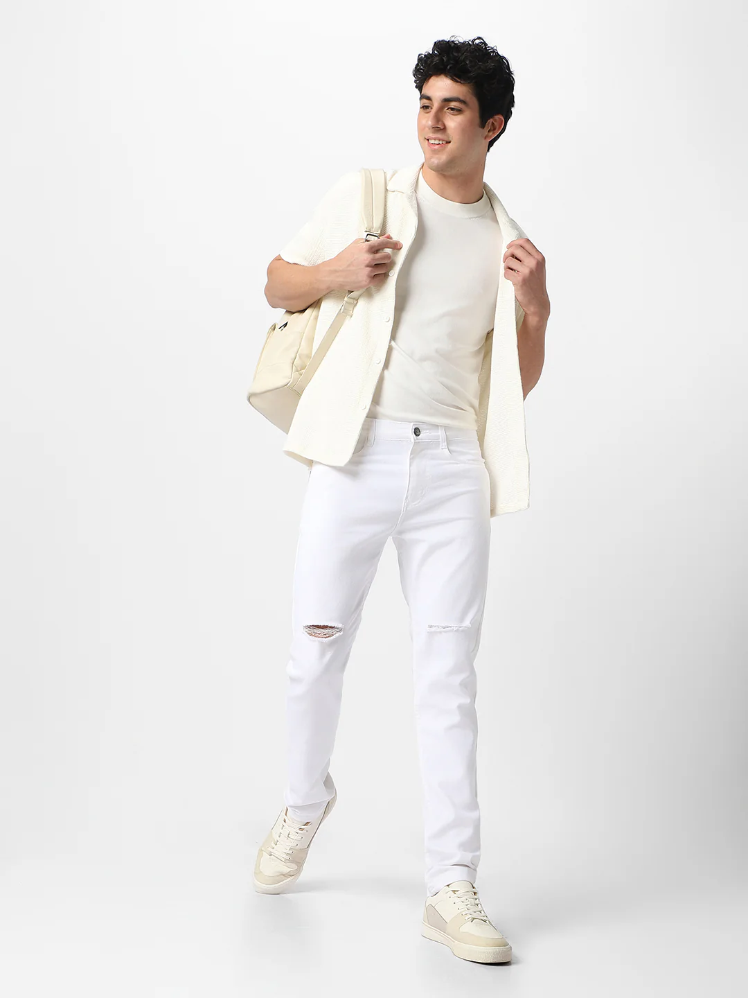 Men's White Slim Fit Knee Slit Distressed Jeans Stretch - Image 6