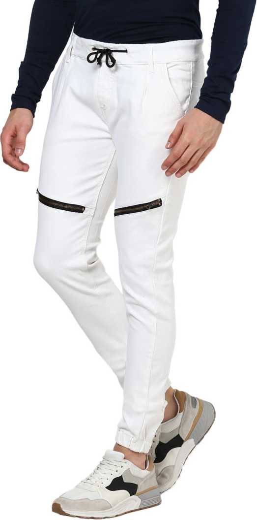 Men's White Slim Fit Zippered Jogger Jeans Stretch - Image 2