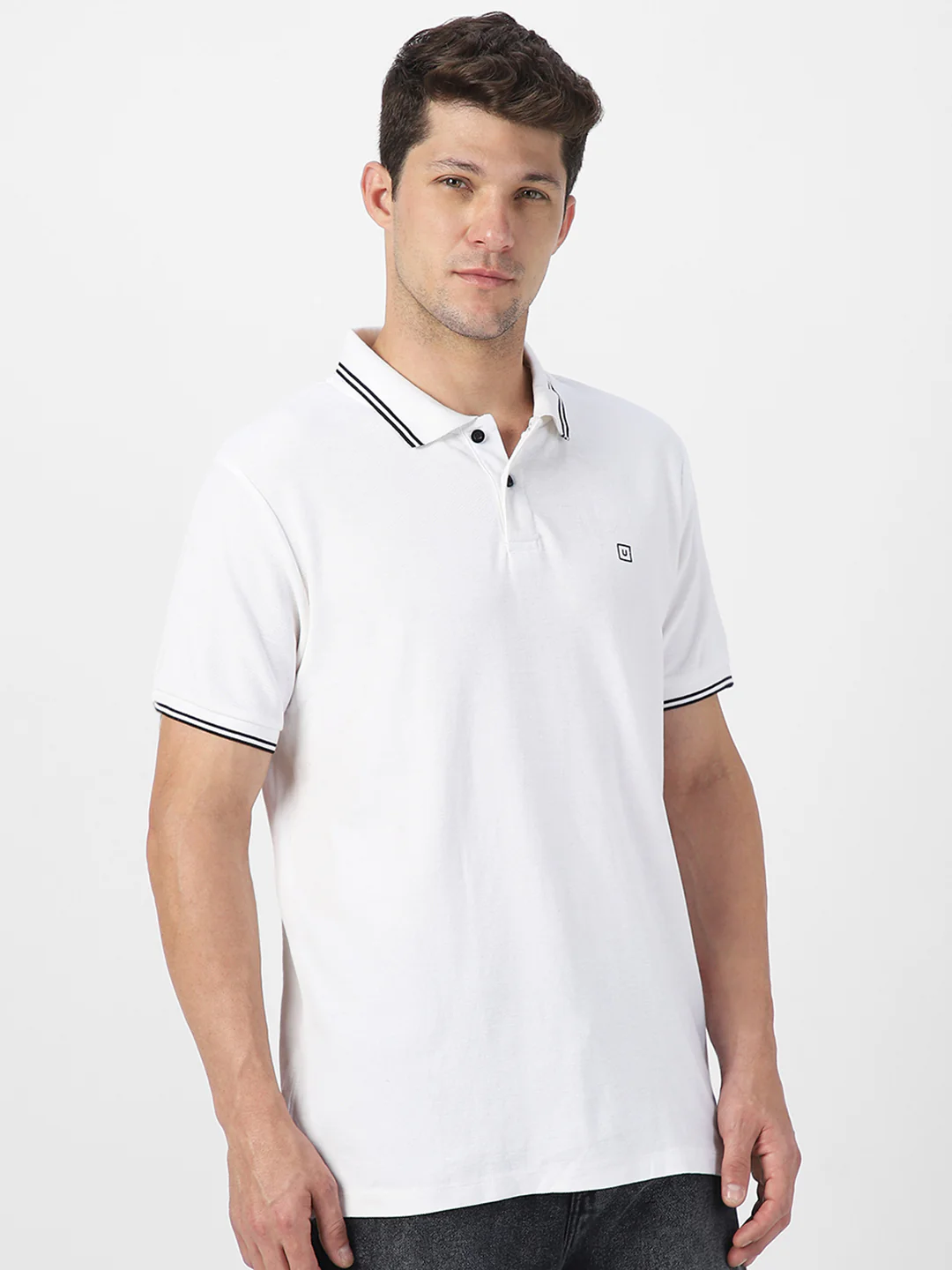 Men's White Solid Cotton Slim Fit Polo T-Shirt - Image 2