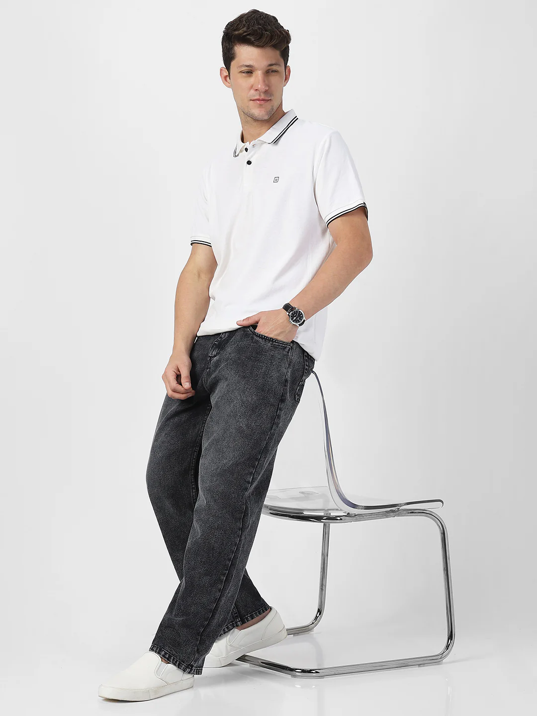 Men's White Solid Cotton Slim Fit Polo T-Shirt - Image 4