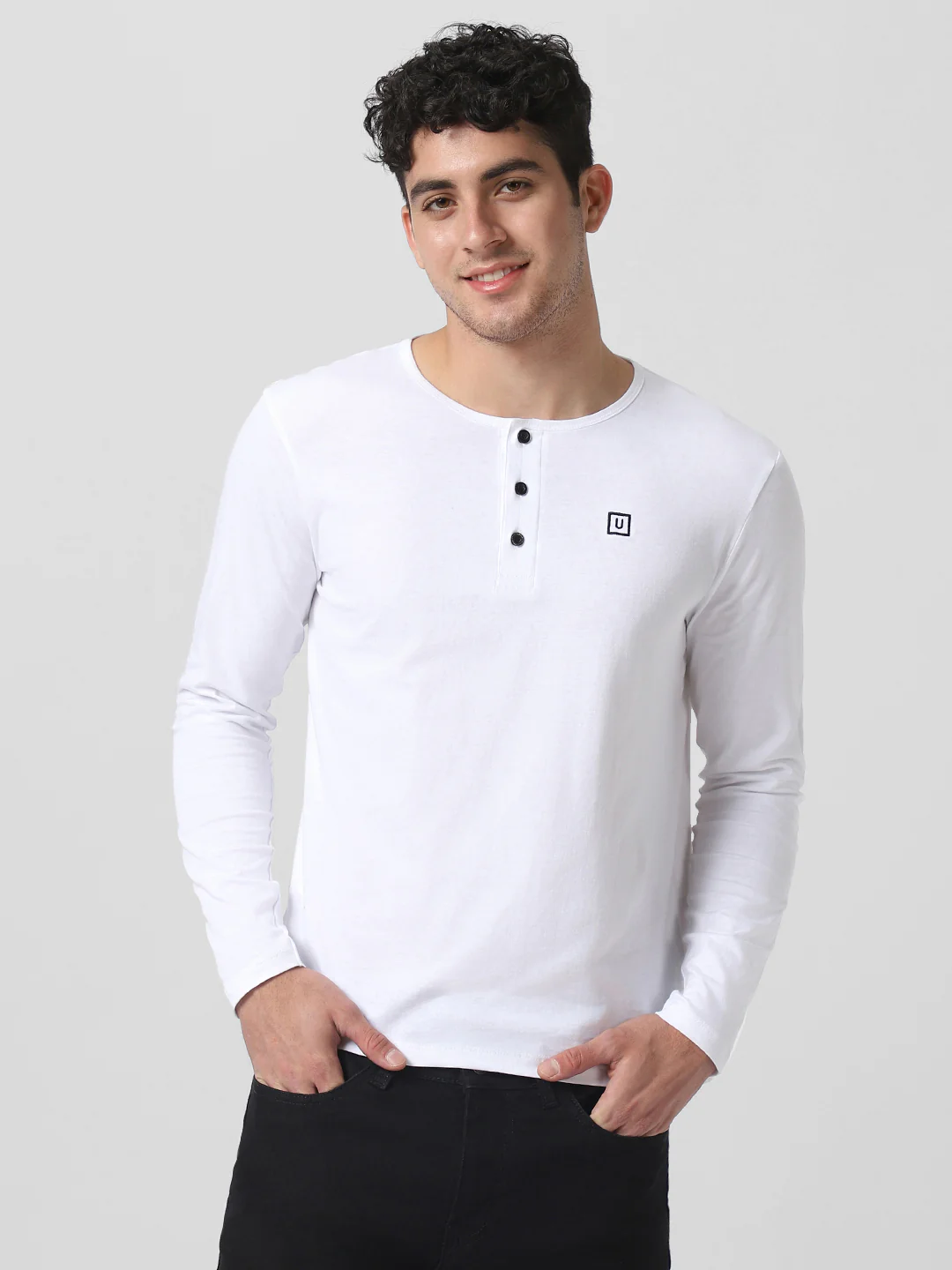 Men's White Solid Henley Neck Slim Fit Cotton T-Shirt - Image 2