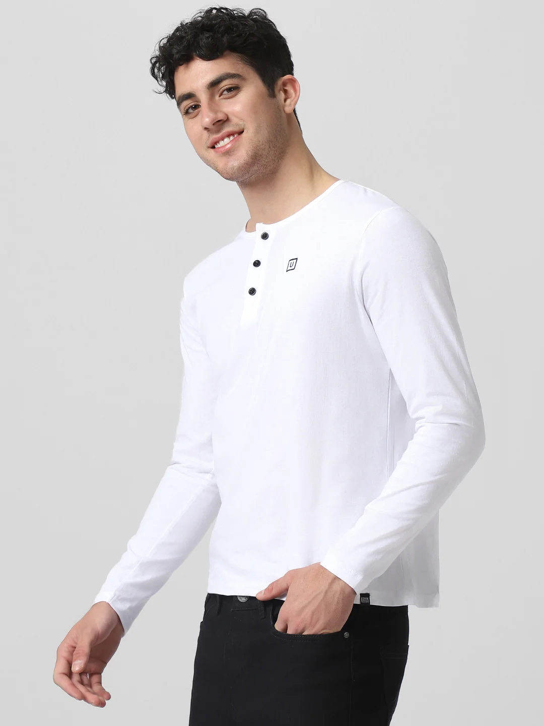 Men's White Solid Henley Neck Slim Fit Cotton T-Shirt - Image 3