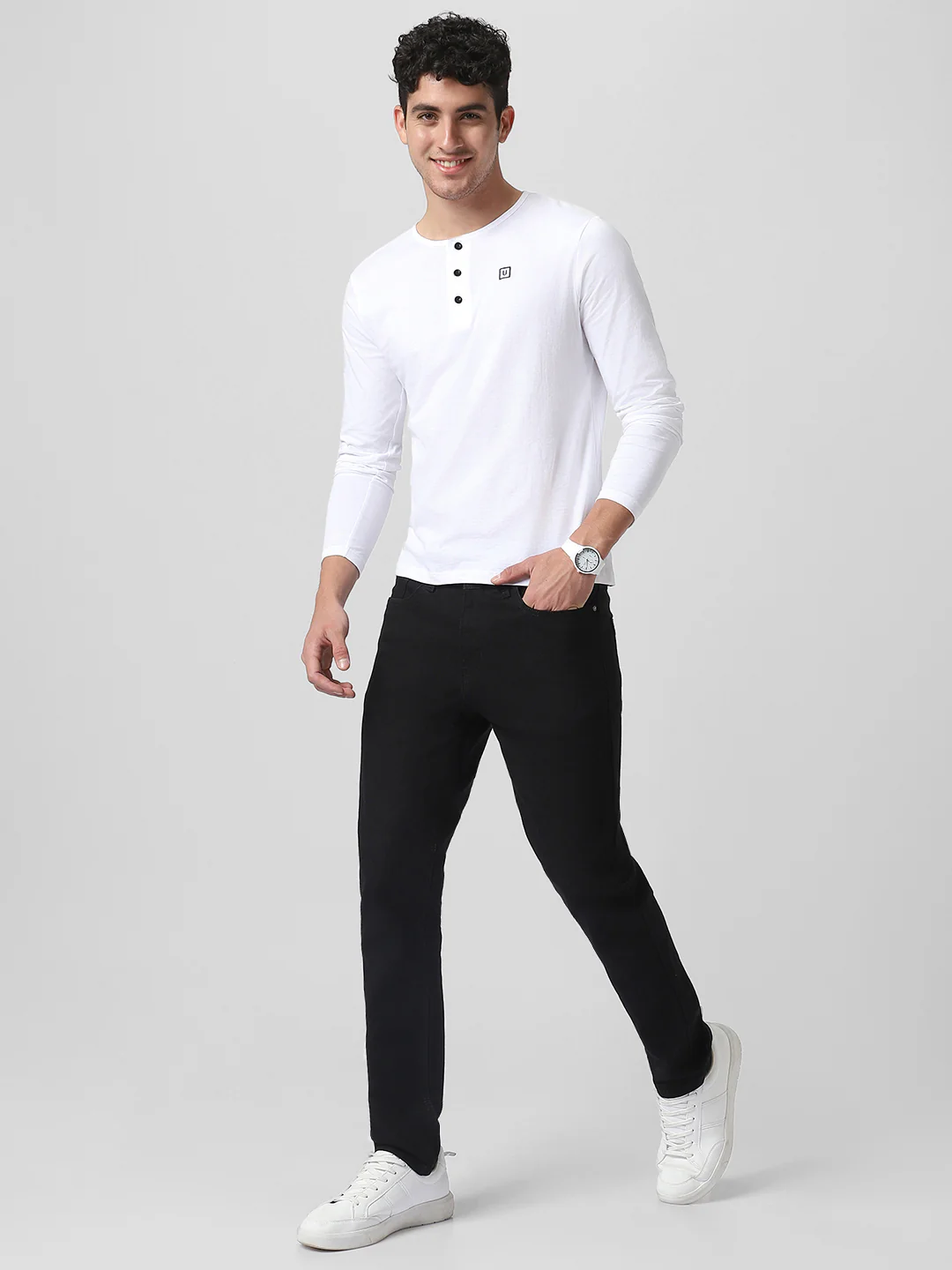 Men's White Solid Henley Neck Slim Fit Cotton T-Shirt - Image 5