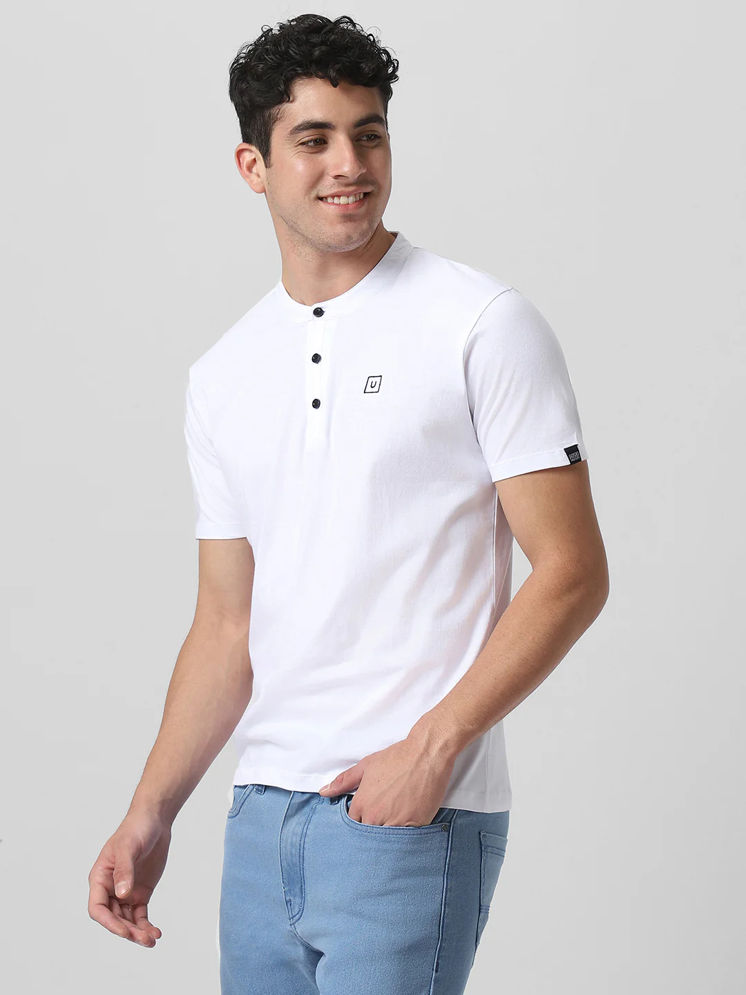 Men's White Solid Mandarin Collar Slim Fit Cotton T-Shirt - Image 3