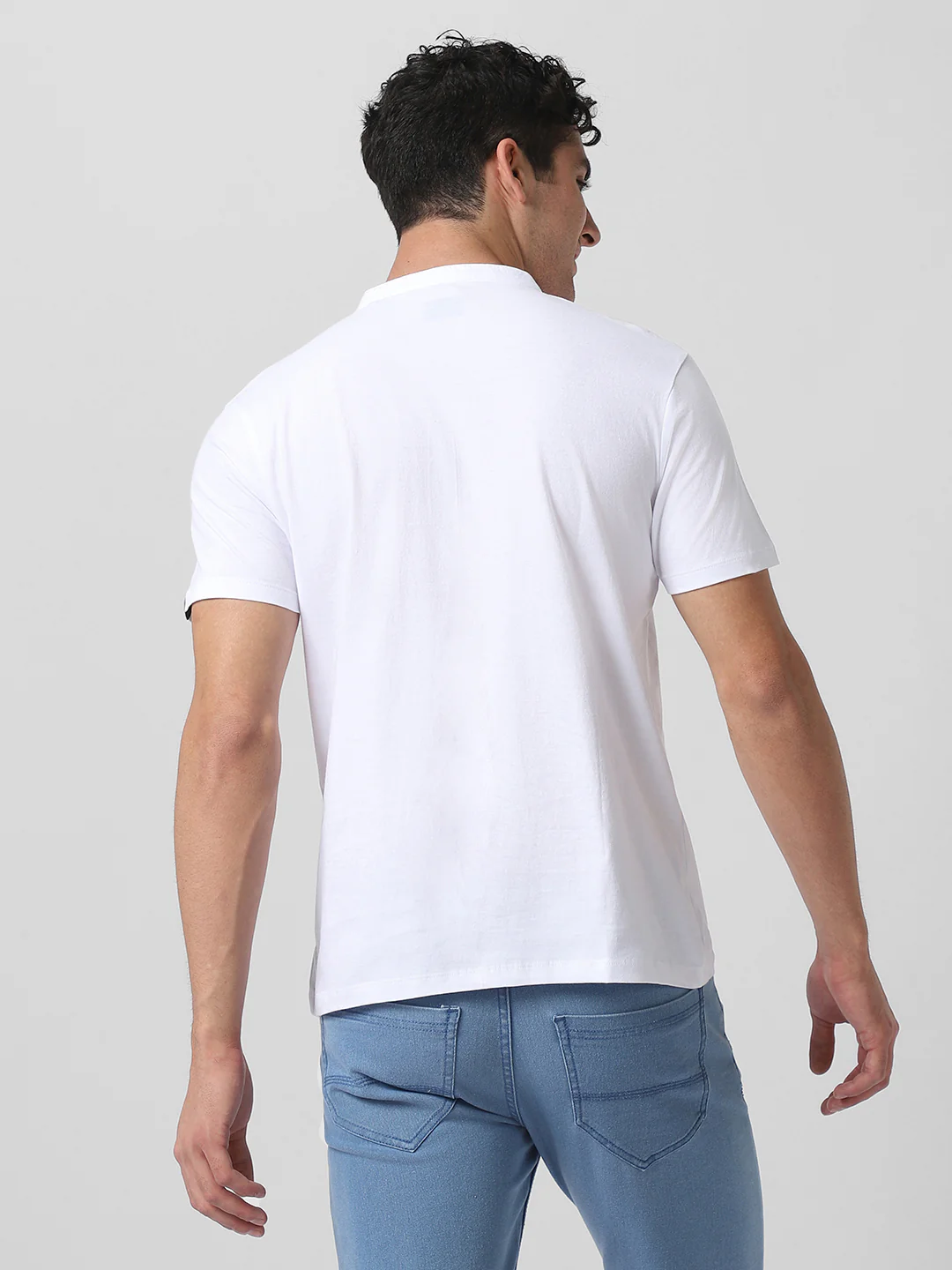 Men's White Solid Mandarin Collar Slim Fit Cotton T-Shirt - Image 4