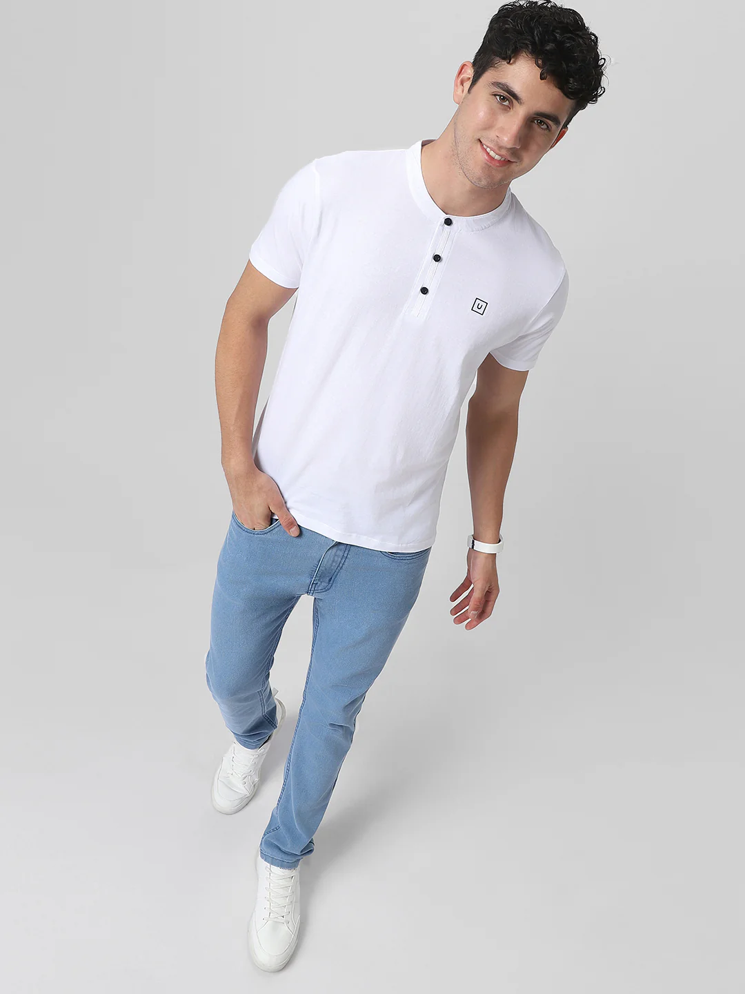 Men's White Solid Mandarin Collar Slim Fit Cotton T-Shirt - Image 5