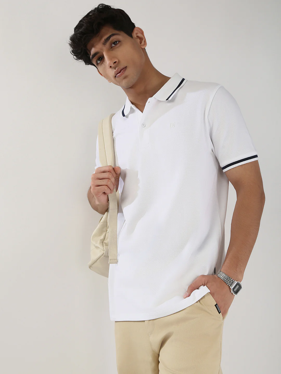 Men's White Solid Regular Fit Half Sleeve Cotton Polo T-Shirt - Image 2