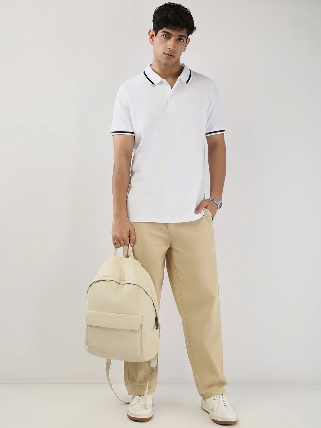 Men's White Solid Regular Fit Half Sleeve Cotton Polo T-Shirt - Image 5