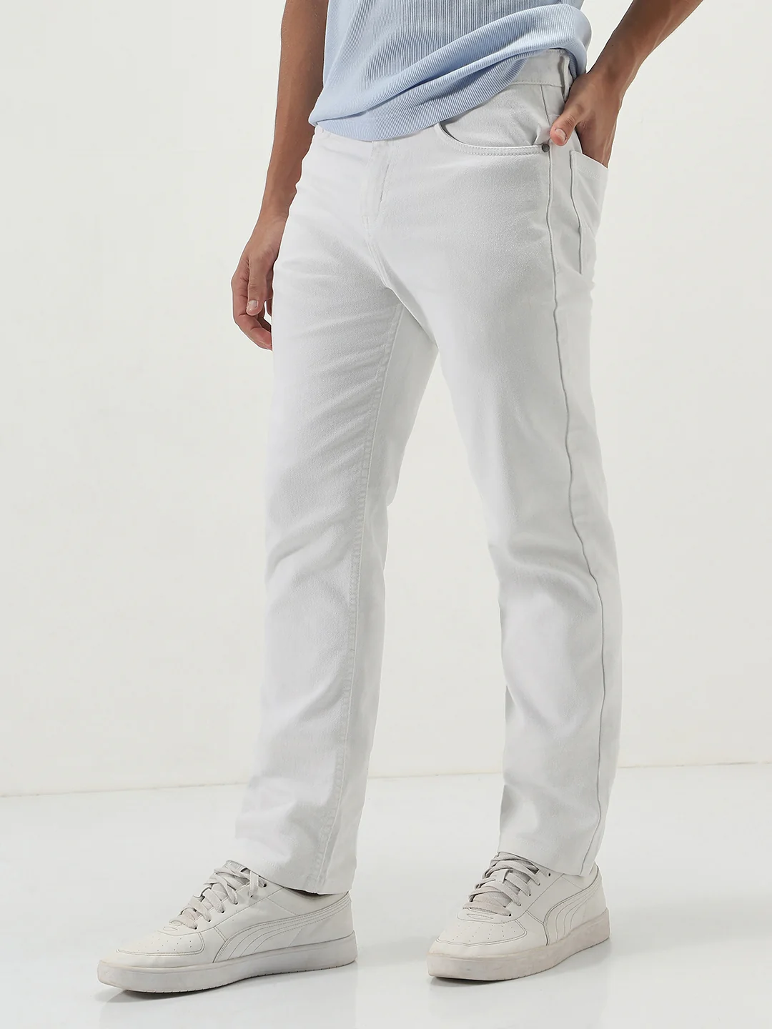 Men's White Straight Fit Washed Jeans Stretchable - Image 2