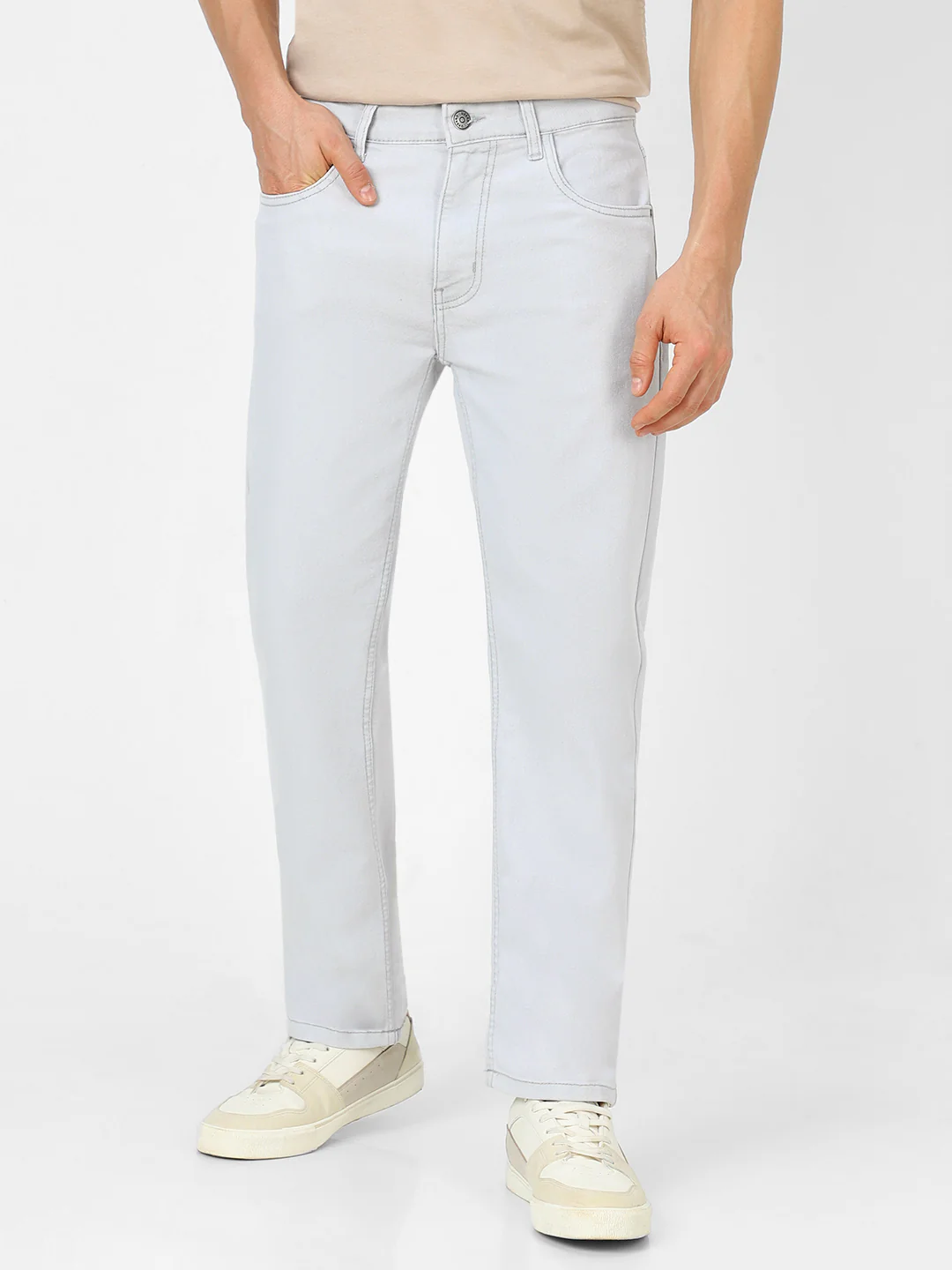 Men's Whitish Grey Regular Fit Washed Jeans Stretchable - Image 2