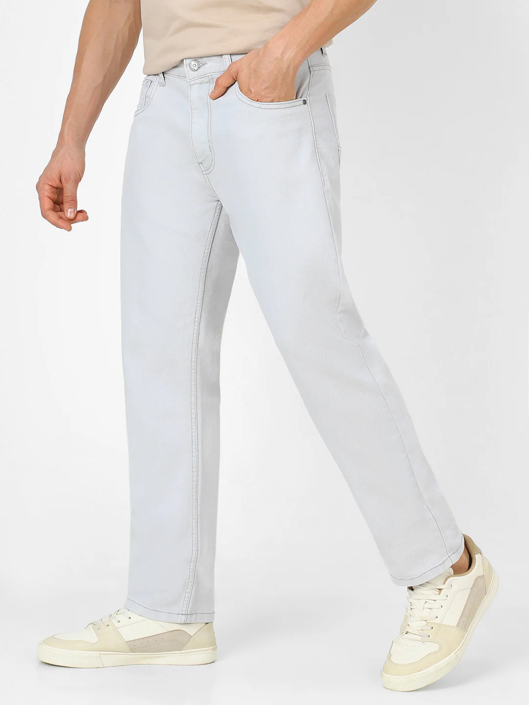 Men's Whitish Grey Regular Fit Washed Jeans Stretchable - Image 3