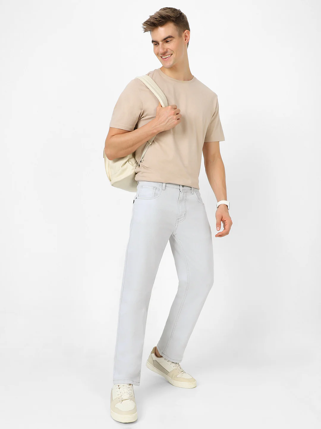 Men's Whitish Grey Regular Fit Washed Jeans Stretchable - Image 5