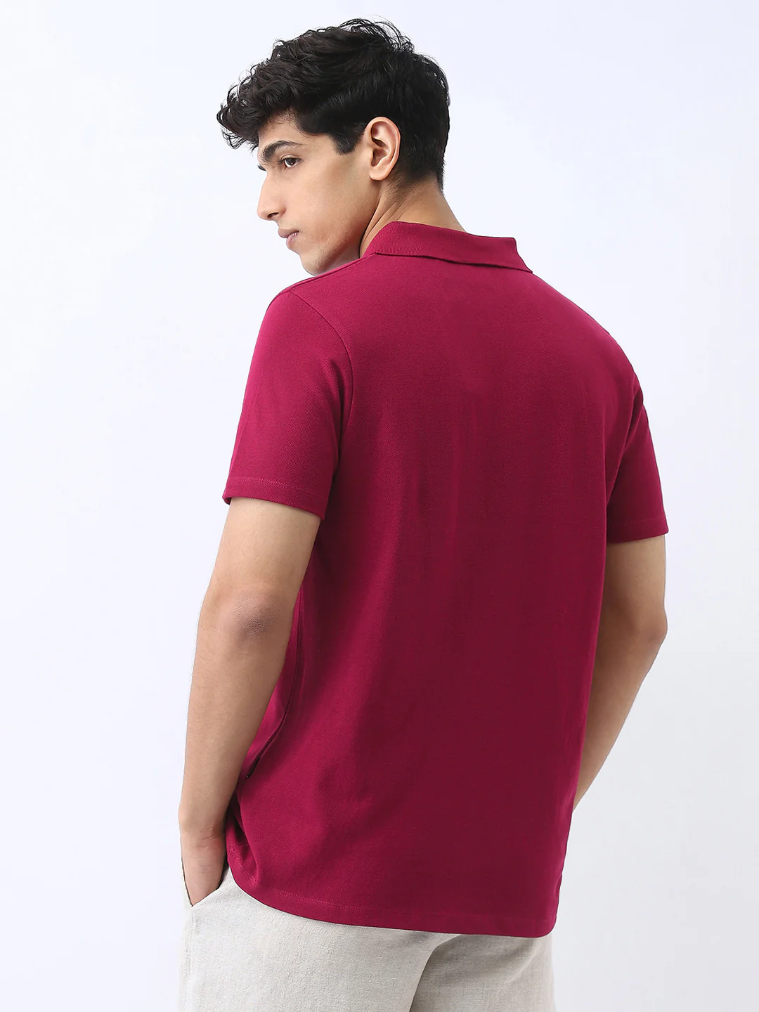 Men's Wine Solid Regular Fit Half Sleeve Cotton Polo T-Shirt - Image 3