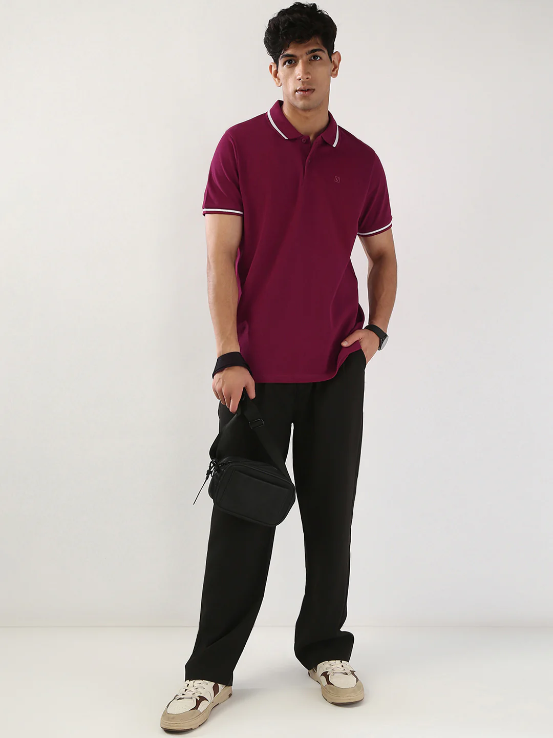 Men's Wine Solid Regular Fit Half Sleeve Cotton Polo T-Shirt - Image 4
