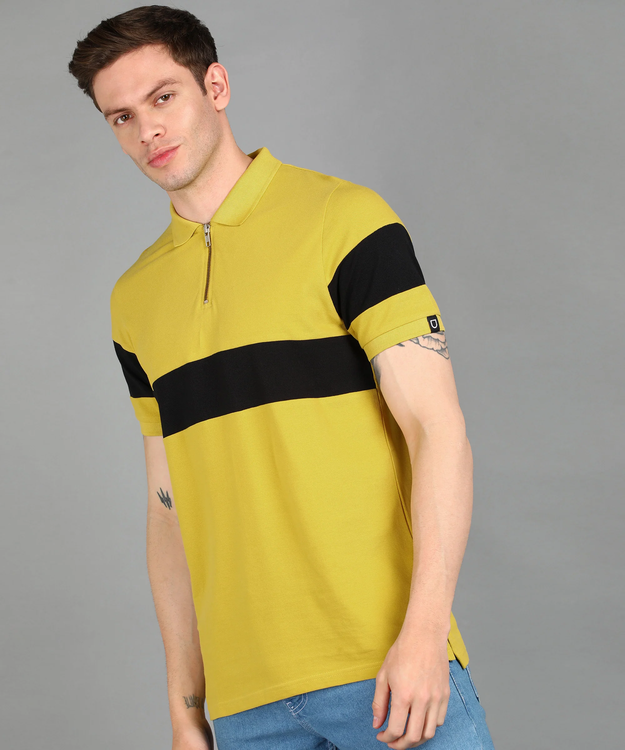 Men's Yellow, Black Colour-Block Slim Fit Half Sleeve Cotton Polo T-Shirt - Image 2