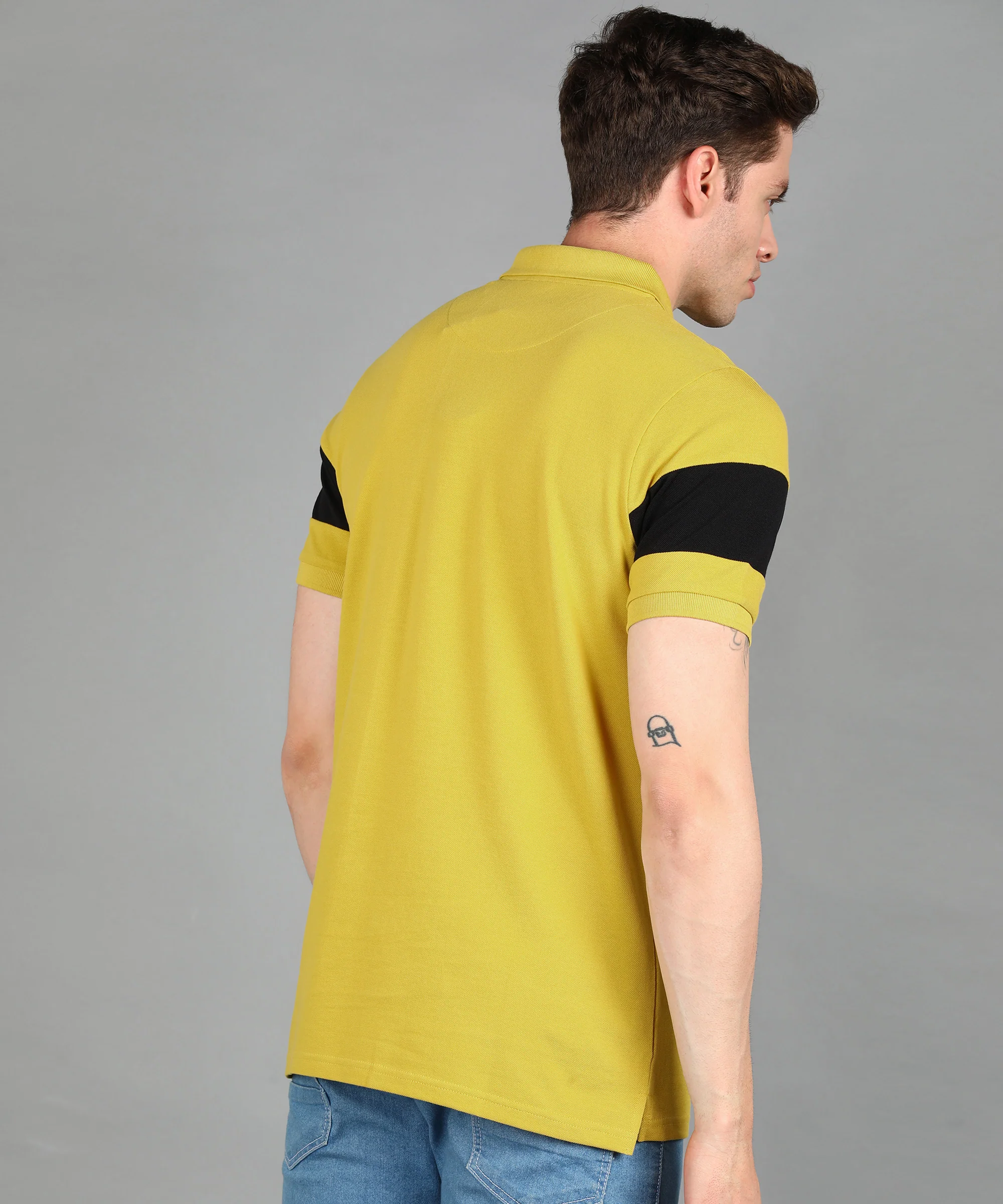 Men's Yellow, Black Colour-Block Slim Fit Half Sleeve Cotton Polo T-Shirt - Image 3
