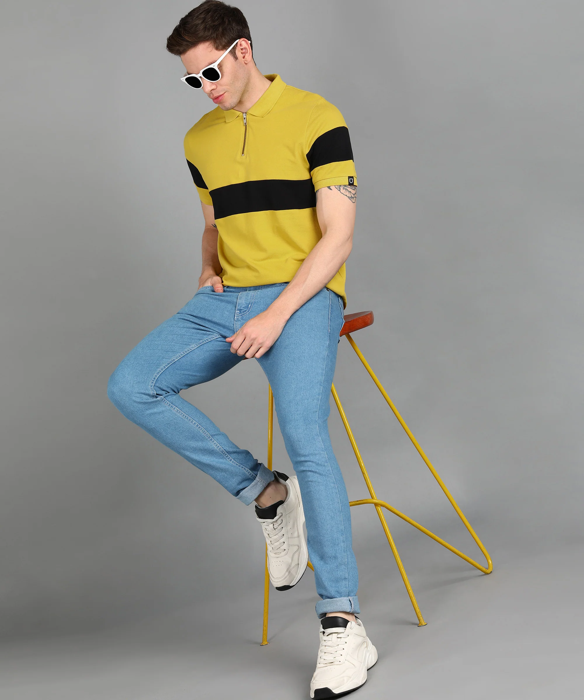 Men's Yellow, Black Colour-Block Slim Fit Half Sleeve Cotton Polo T-Shirt - Image 4