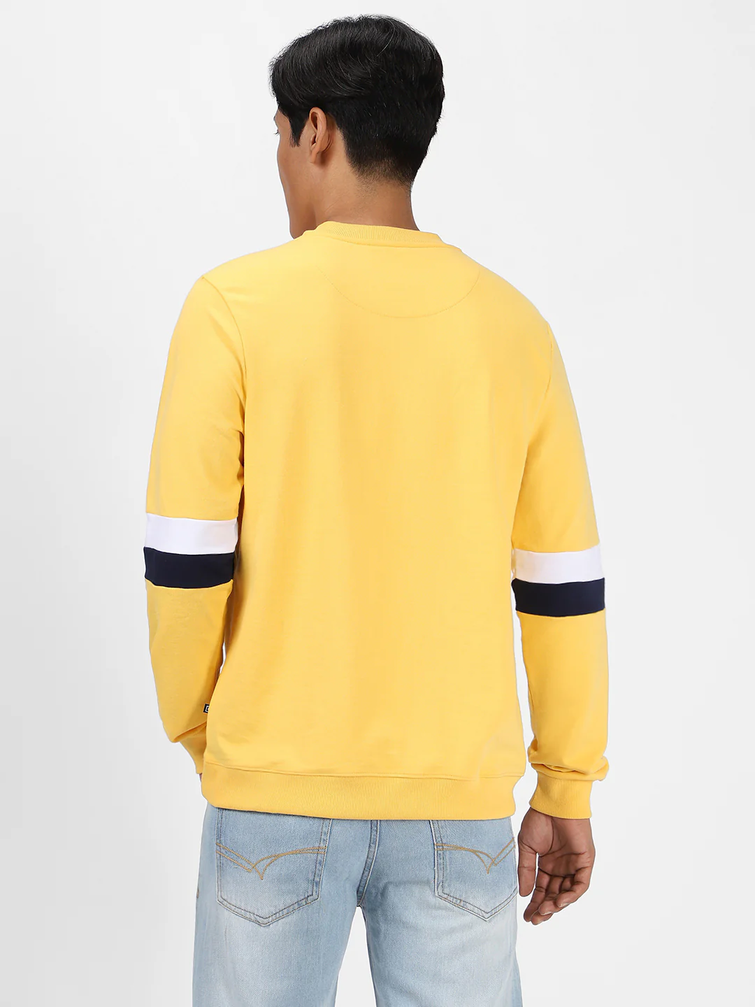 Men's Yellow Cotton Color Block Round Neck Sweatshirt - Image 3