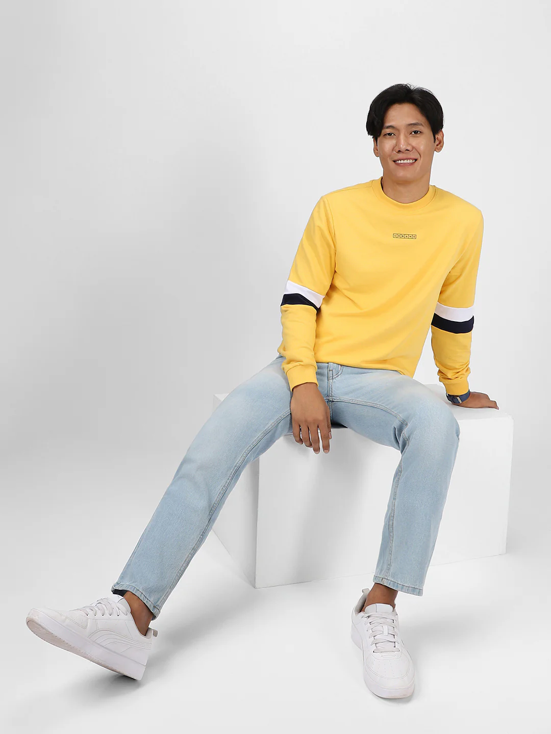 Men's Yellow Cotton Color Block Round Neck Sweatshirt - Image 4