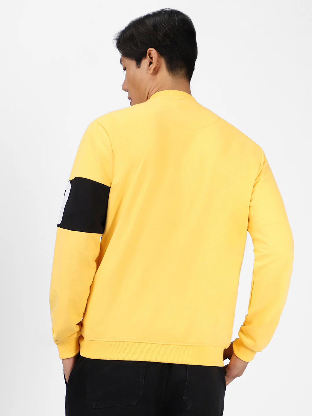 Men's Yellow Cotton Color Block Round Neck Sweatshirt - Image 3