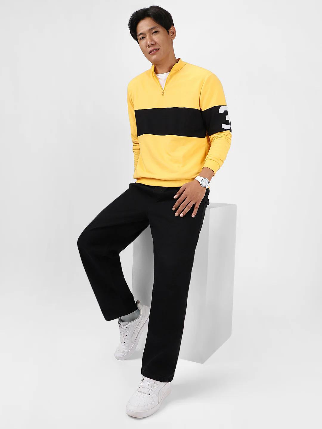 Men's Yellow Cotton Color Block Round Neck Sweatshirt - Image 4