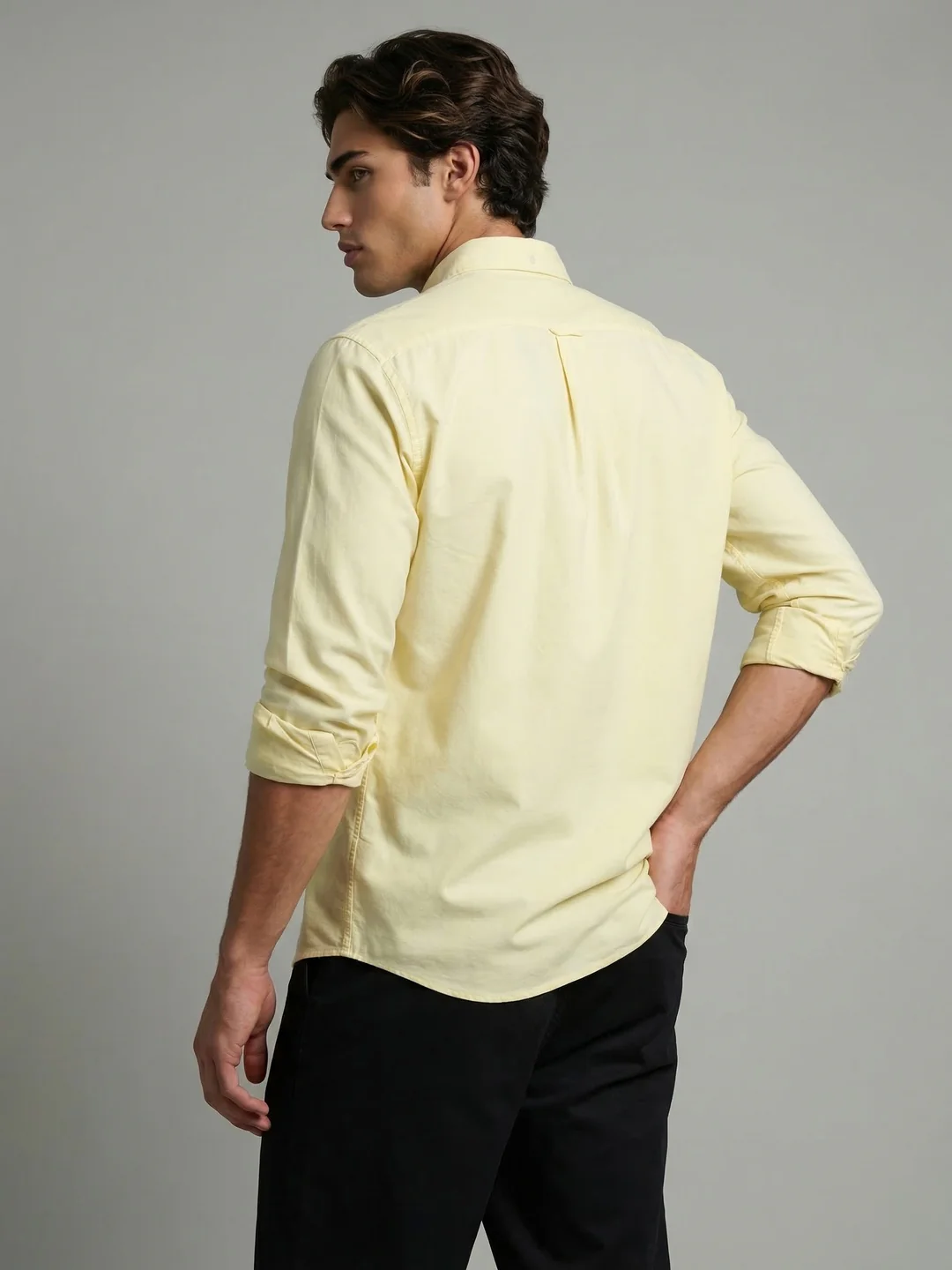 Men's Yellow Cotton Full Sleeve Regular Fit Solid Oxford Shirt With Button-Down Collar - Image 3