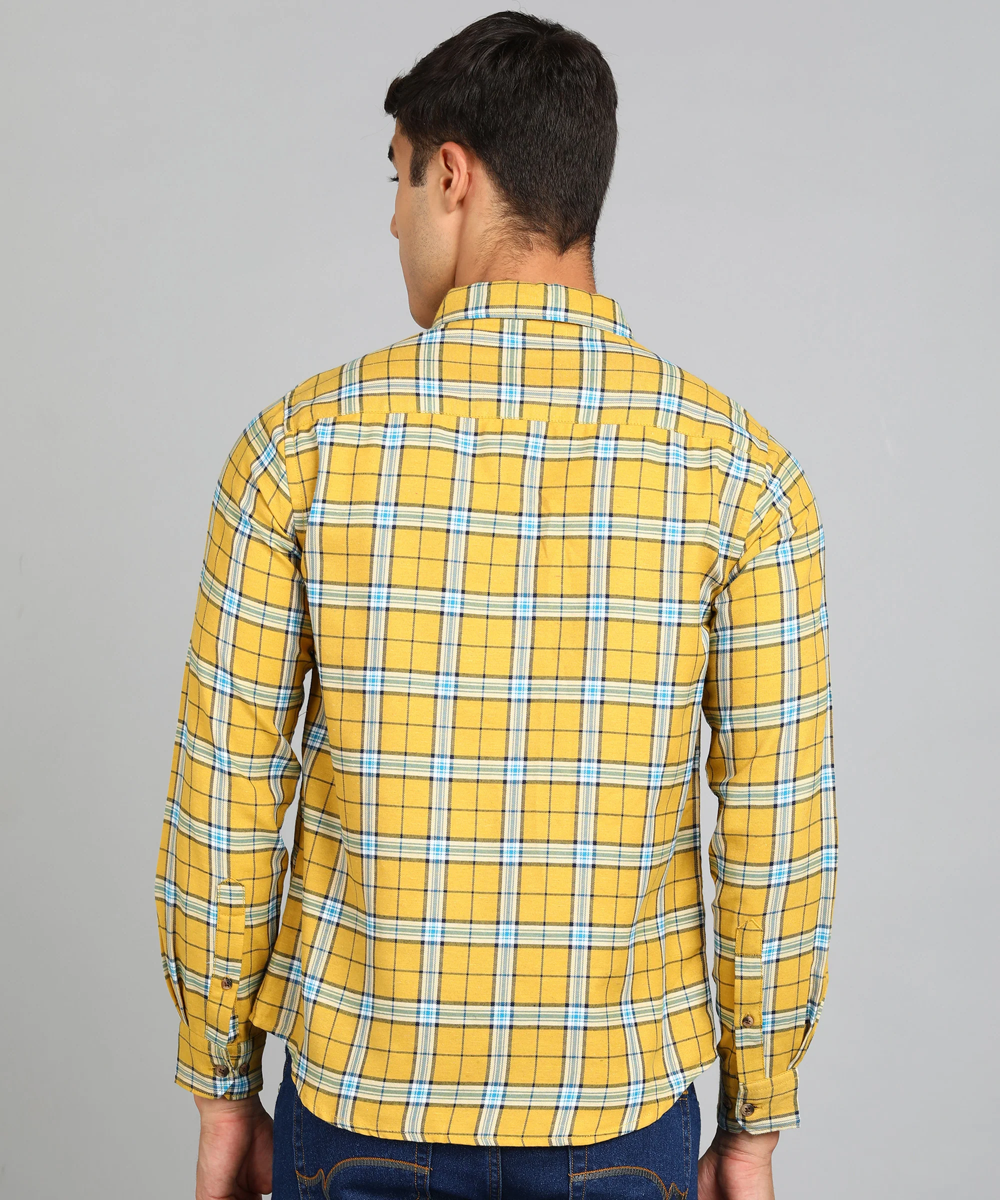 Men's Yellow Cotton Full Sleeve Slim Fit Casual Checkered Shirt - Image 3