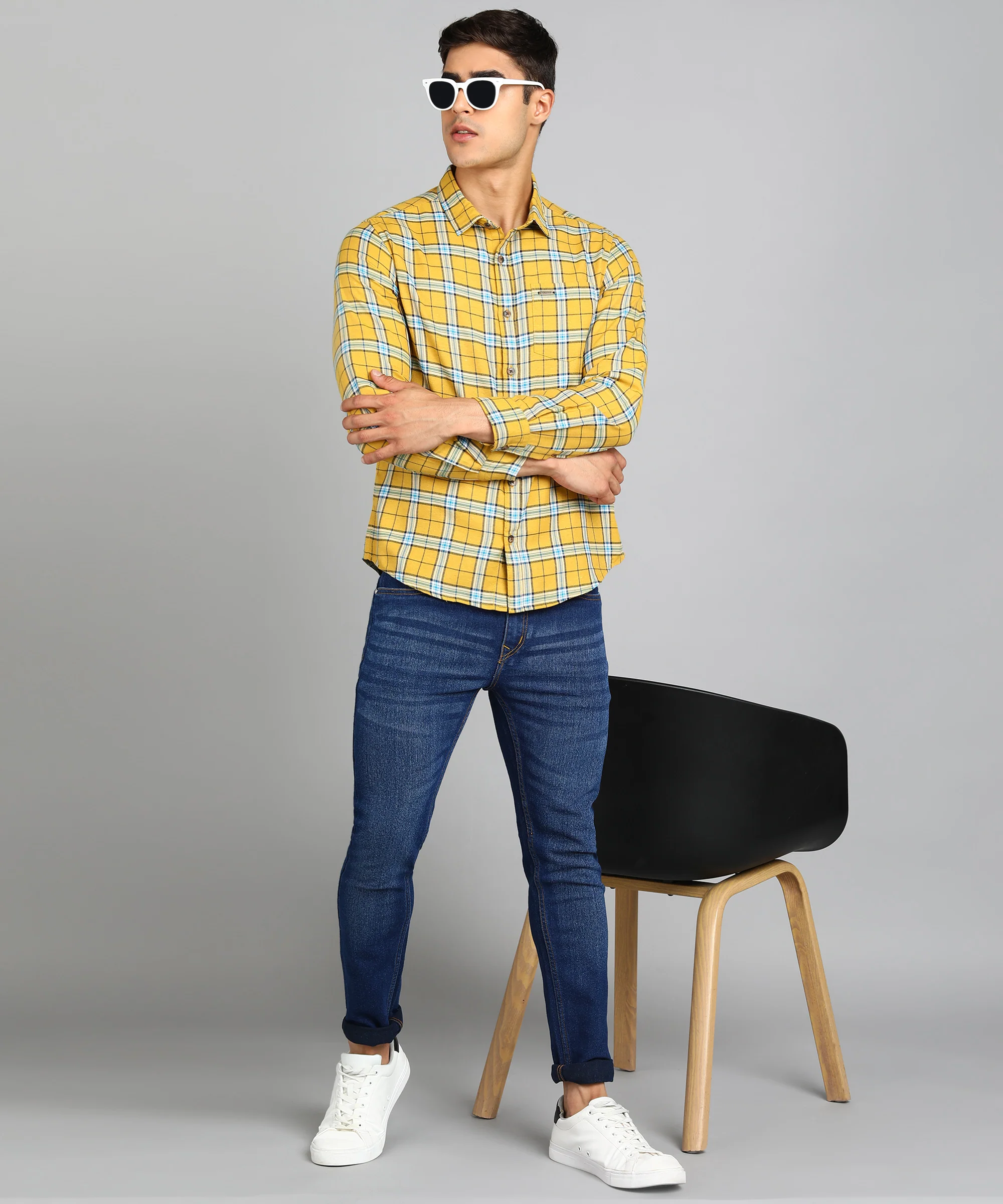 Men's Yellow Cotton Full Sleeve Slim Fit Casual Checkered Shirt - Image 4