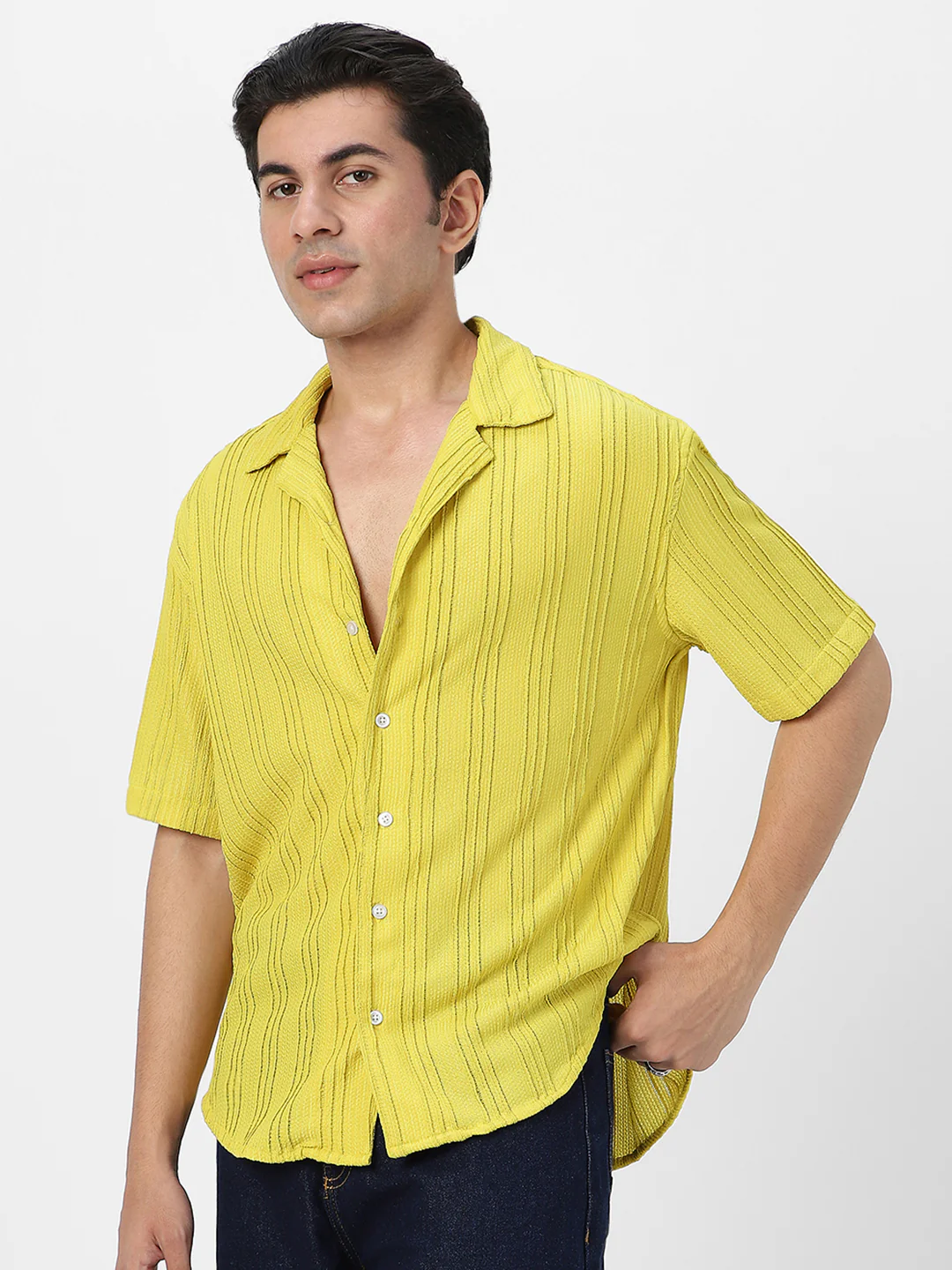 Men's Yellow Cotton Half Sleeve Oversized Fit Textured Shirt with Cuban Collar - Image 3