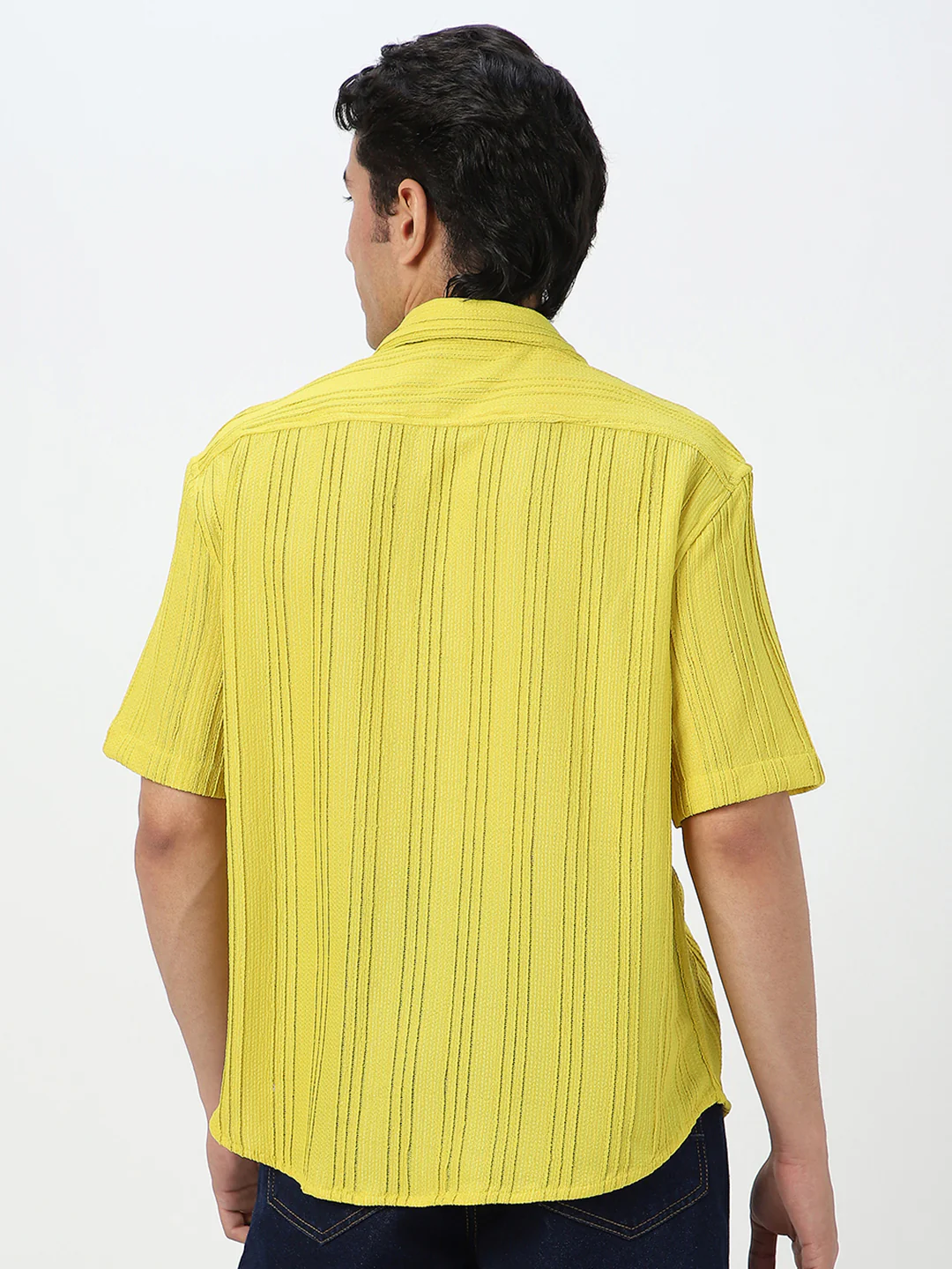 Men's Yellow Cotton Half Sleeve Oversized Fit Textured Shirt with Cuban Collar - Image 4