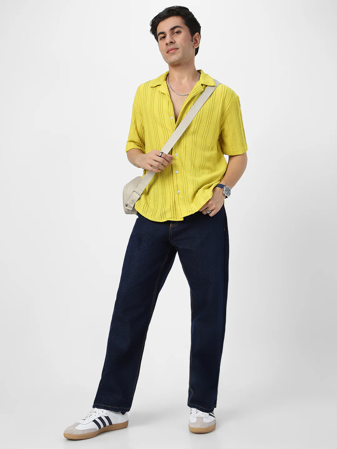Men's Yellow Cotton Half Sleeve Oversized Fit Textured Shirt with Cuban Collar - Image 5