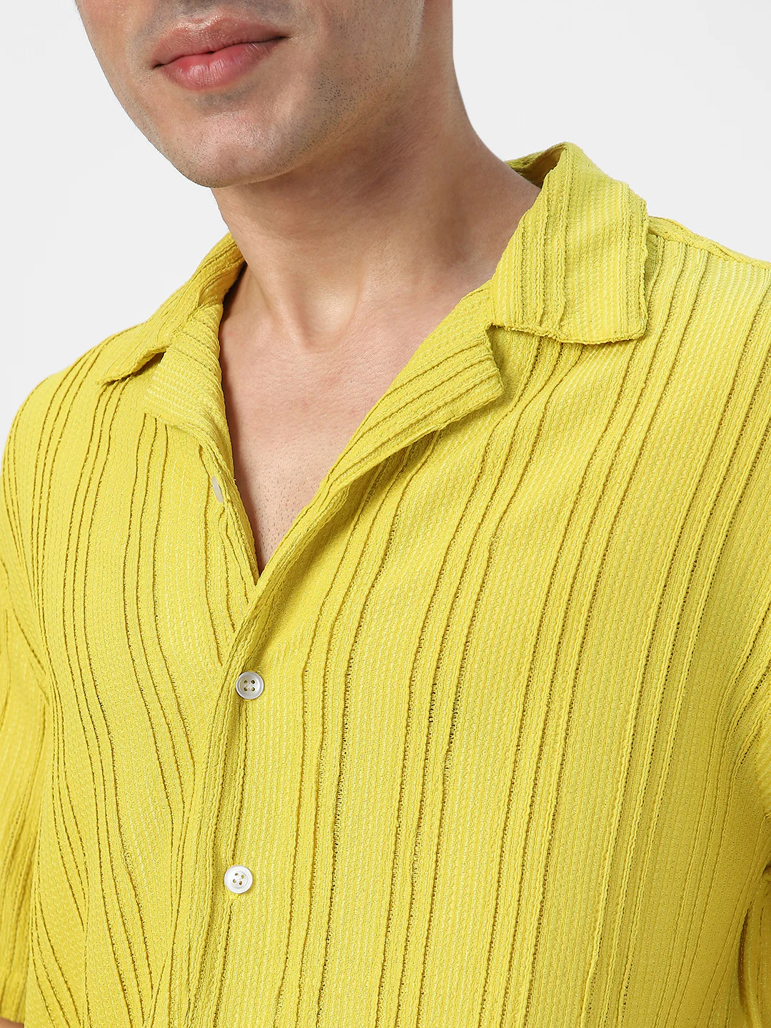 Men's Yellow Cotton Half Sleeve Oversized Fit Textured Shirt with Cuban Collar - Image 6