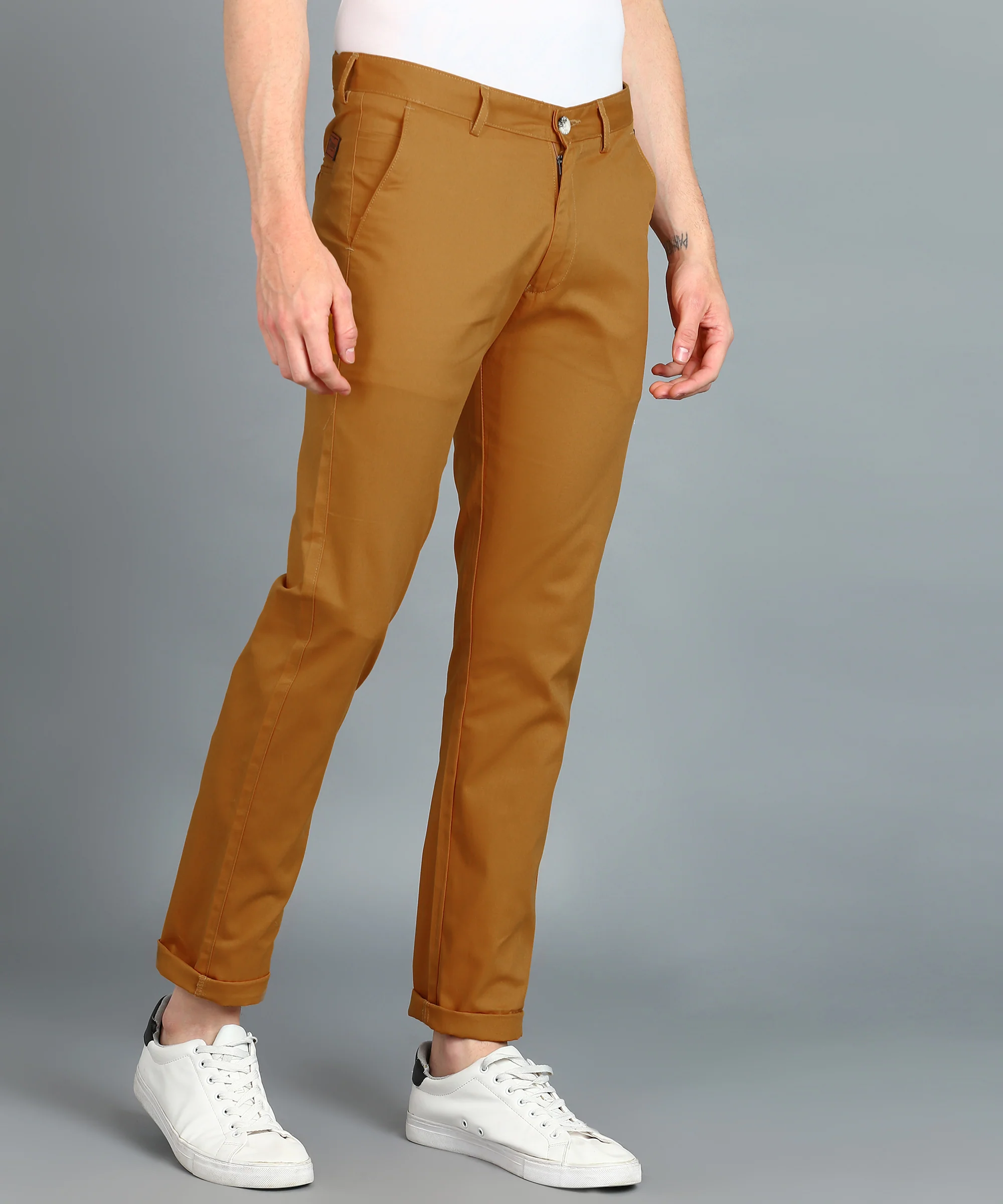 Men's Yellow Cotton Slim Fit Casual Chinos Trousers - Image 3