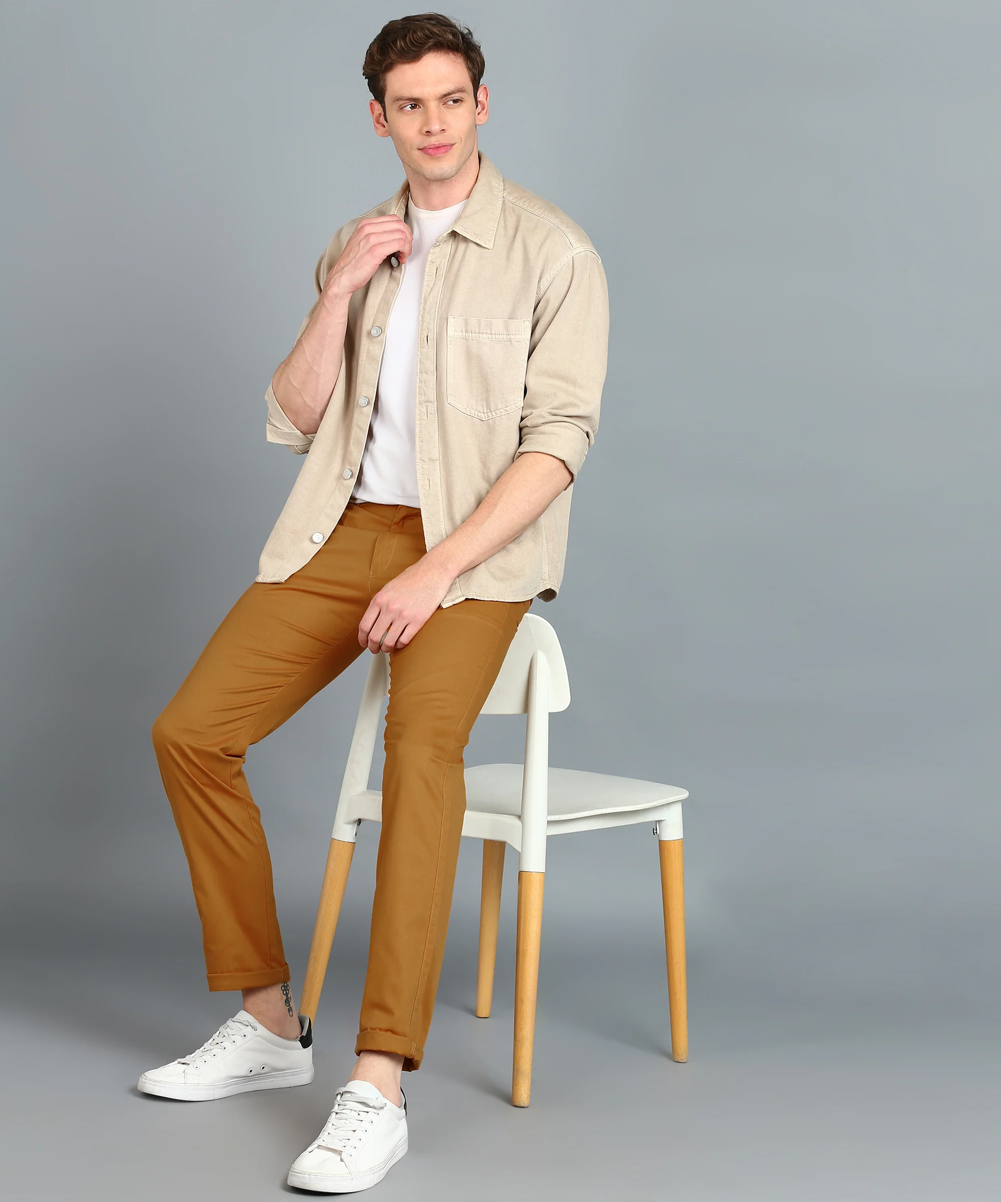 Men's Yellow Cotton Slim Fit Casual Chinos Trousers - Image 5