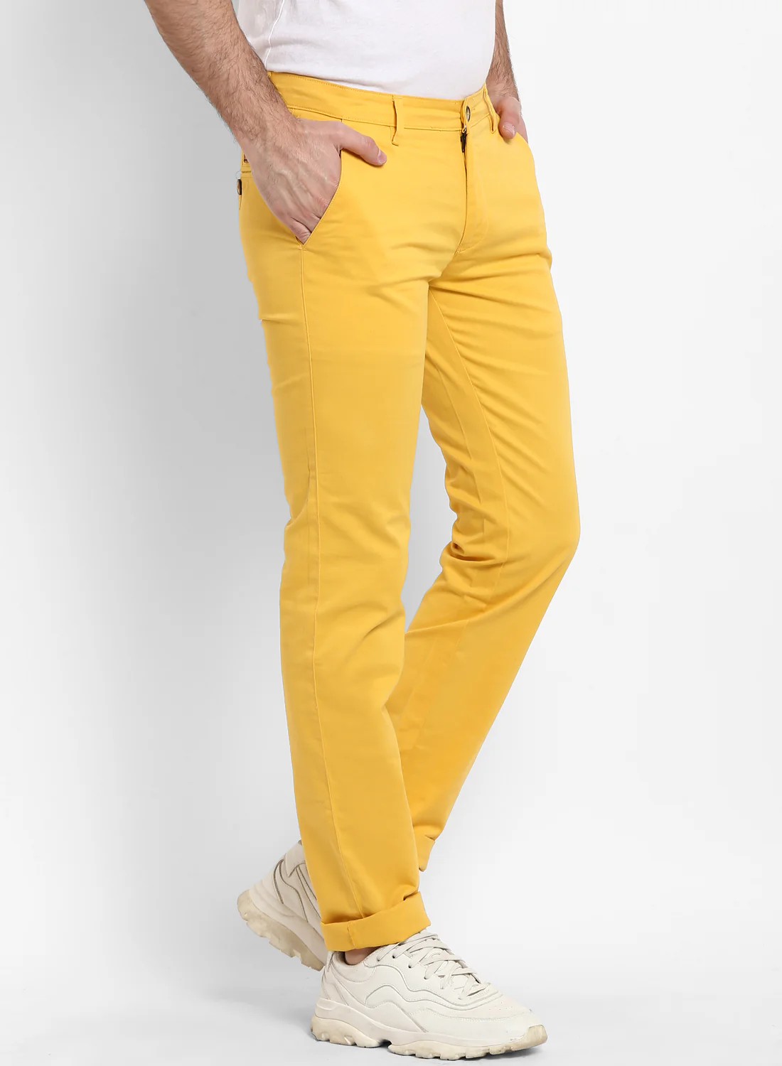Men's Yellow Cotton Slim Fit Casual Chinos Trousers Stretch - Image 3