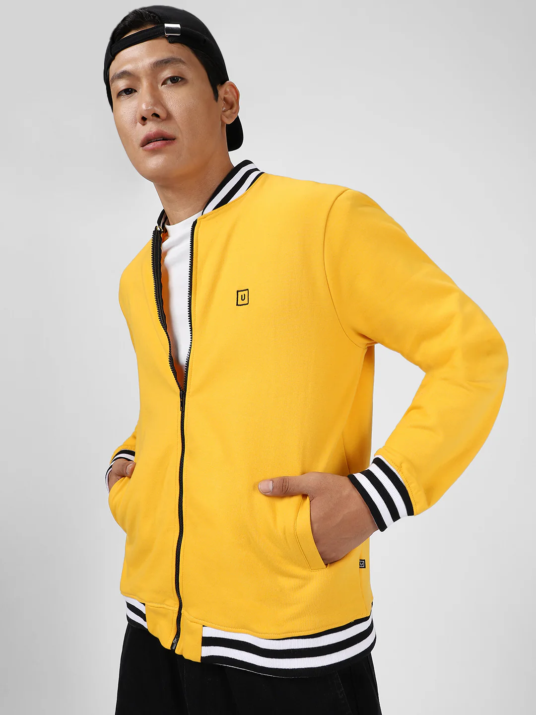 Men's Yellow Cotton Zippered Varsity Sweatshirt - Image 2