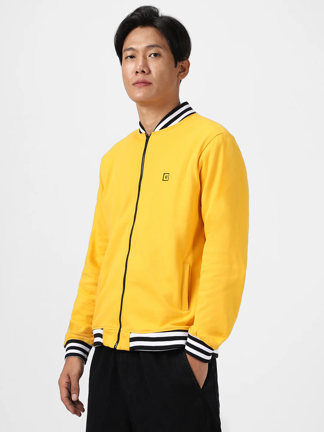 Men's Yellow Cotton Zippered Varsity Sweatshirt - Image 3