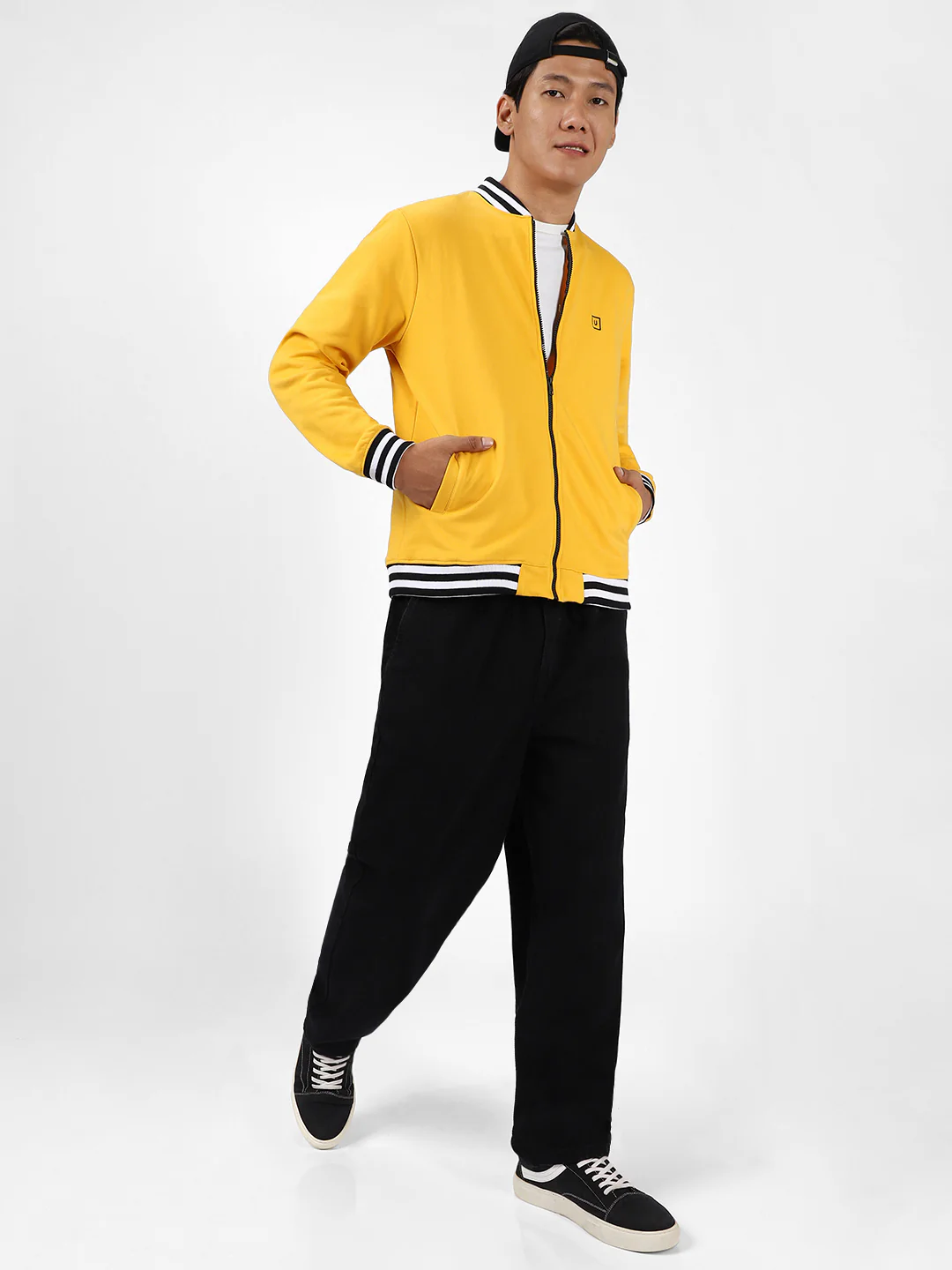 Men's Yellow Cotton Zippered Varsity Sweatshirt - Image 5